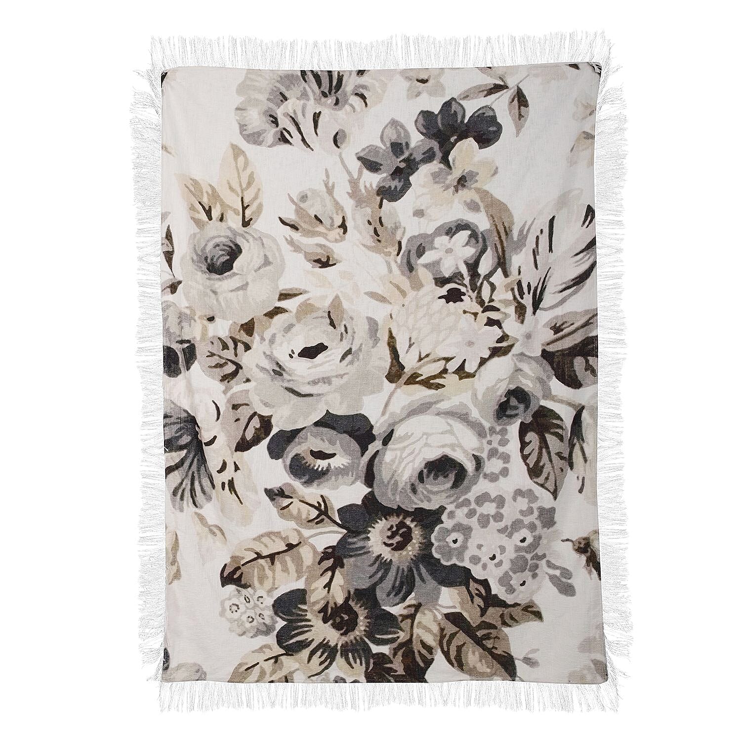 100% Cotton Slub Digital Printed Throw Blanket with Frill (Size 180x130 Cm) - Ivory & Black
