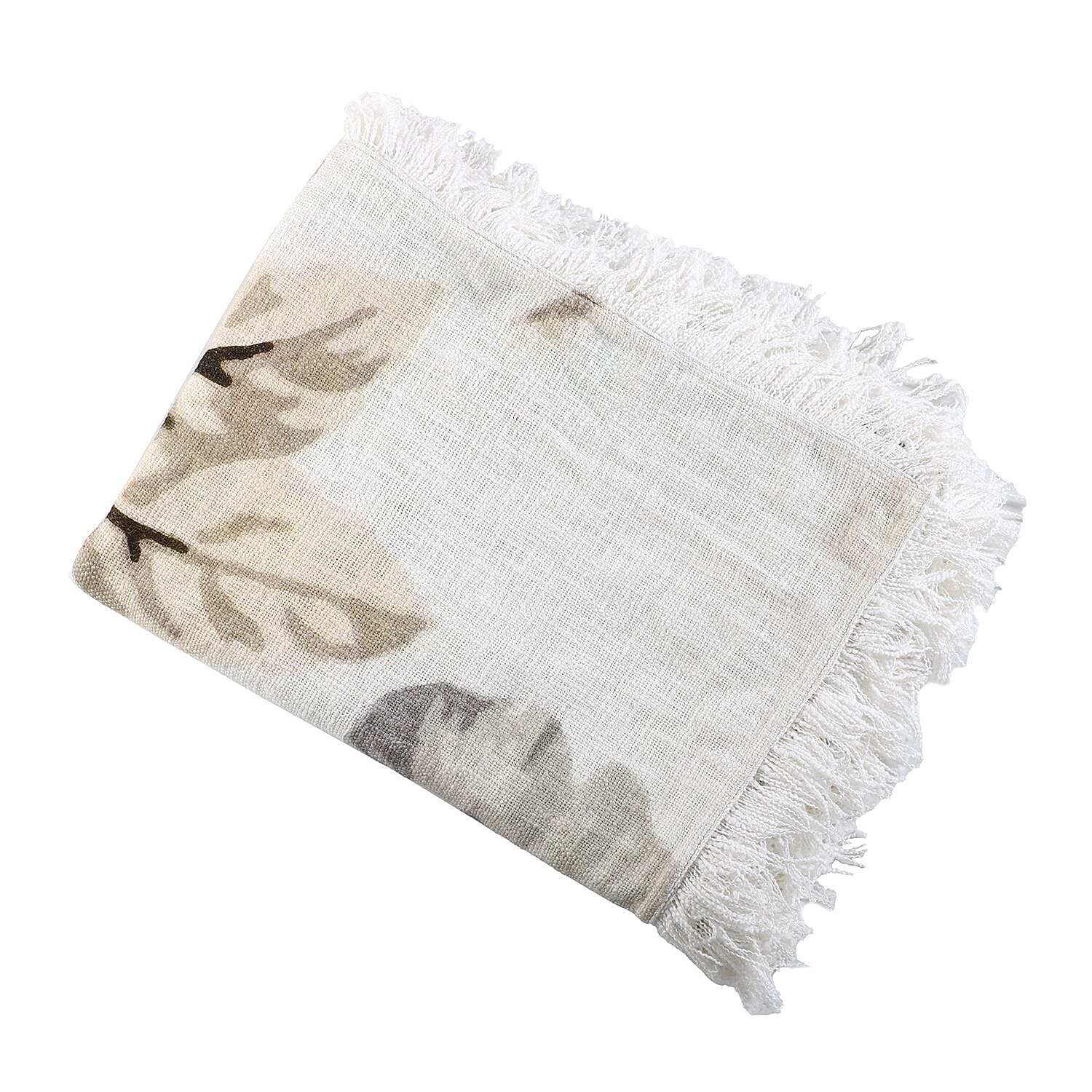 100% Cotton Slub Digital Printed Throw Blanket with Frill (Size 180x130 Cm) - Ivory & Black