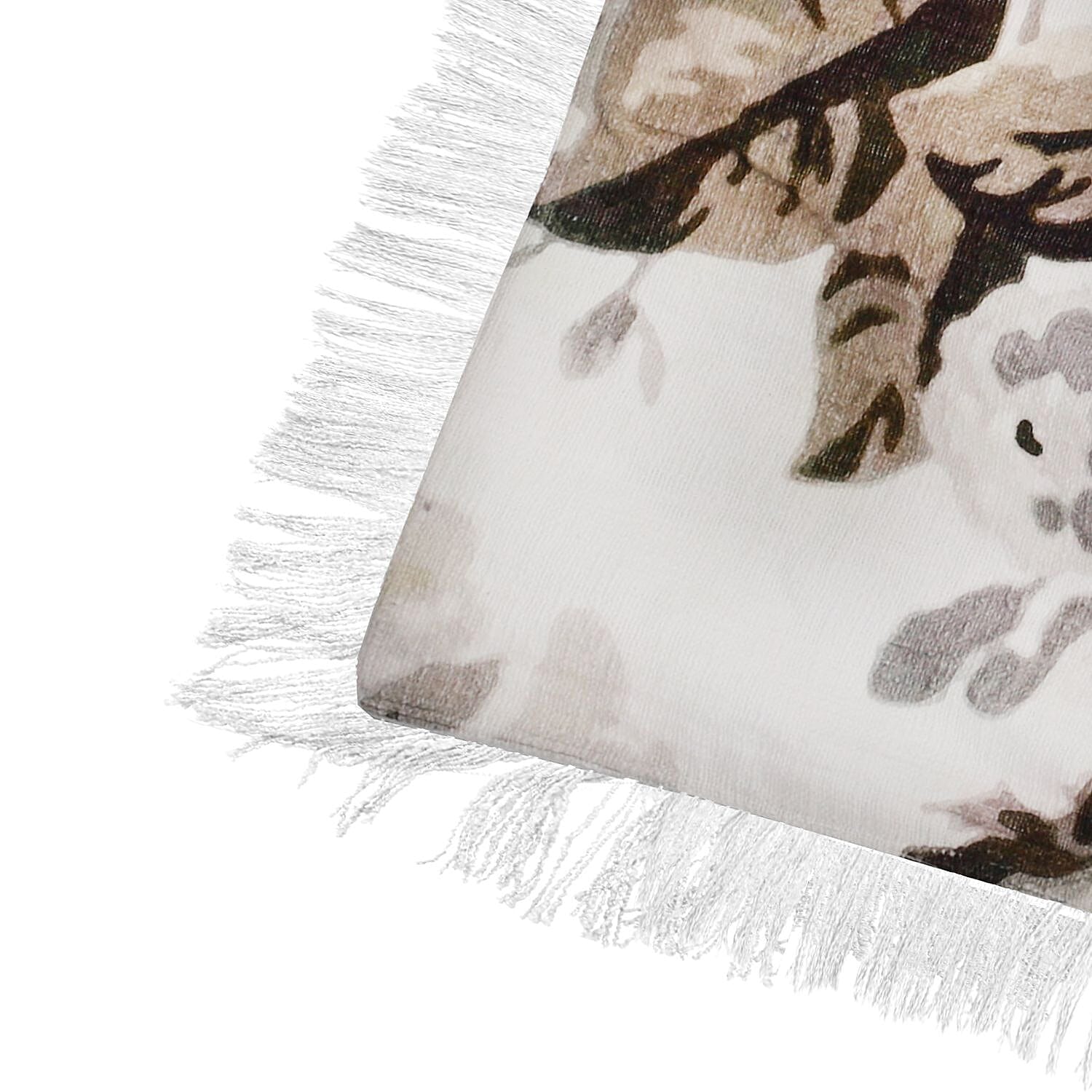 100% Cotton Slub Digital Printed Throw Blanket with Frill (Size 180x130 Cm) - Ivory & Black