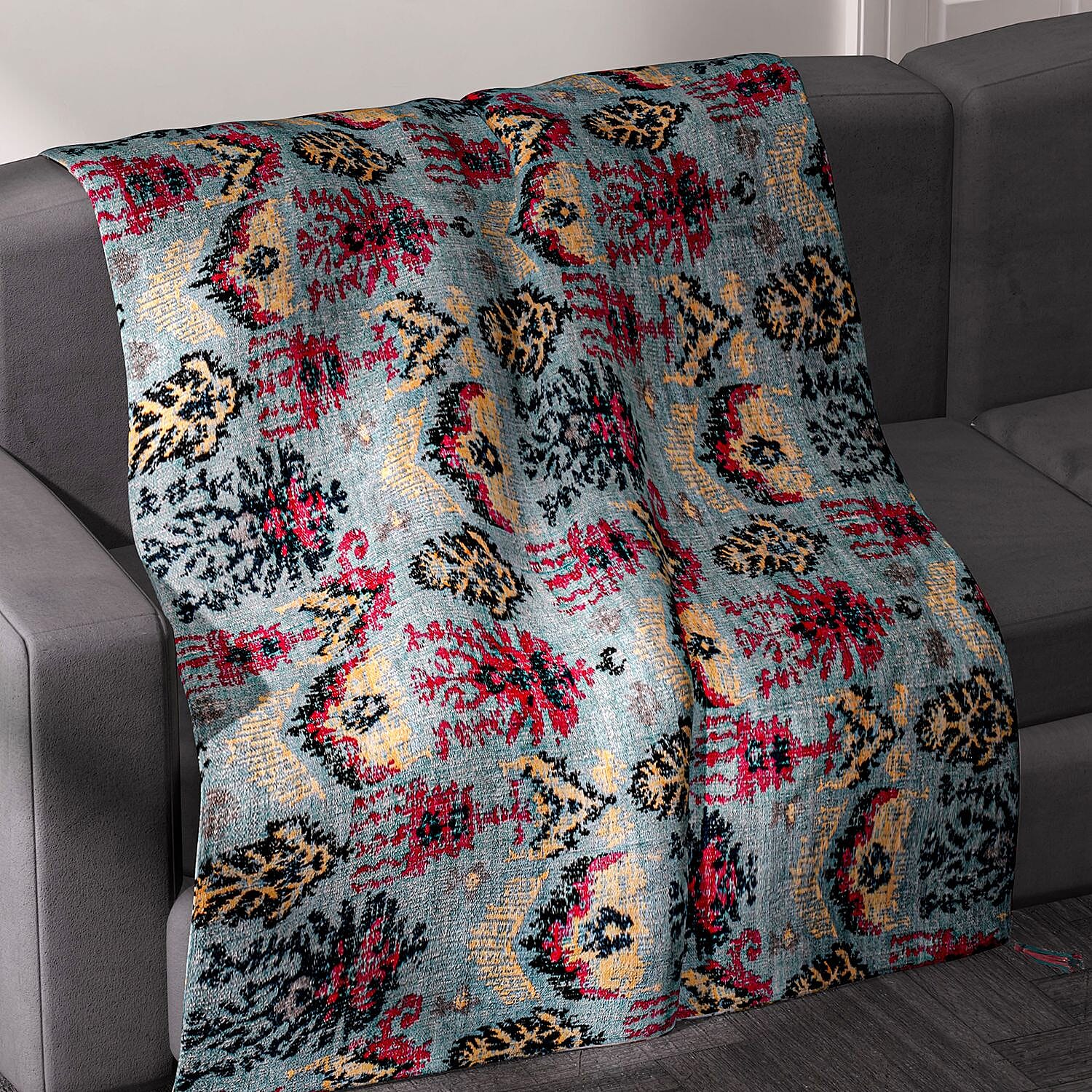 Cotton Slub Digital Printed Throw Blanket with Tassels (Size 180x130 cm) - Grey