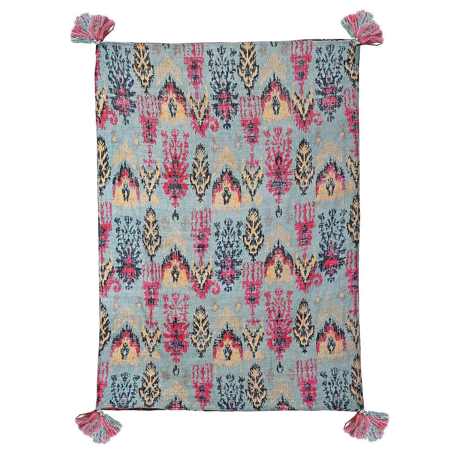 Cotton Slub Digital Printed Throw Blanket with Tassels (Size 180x130 cm) - Grey
