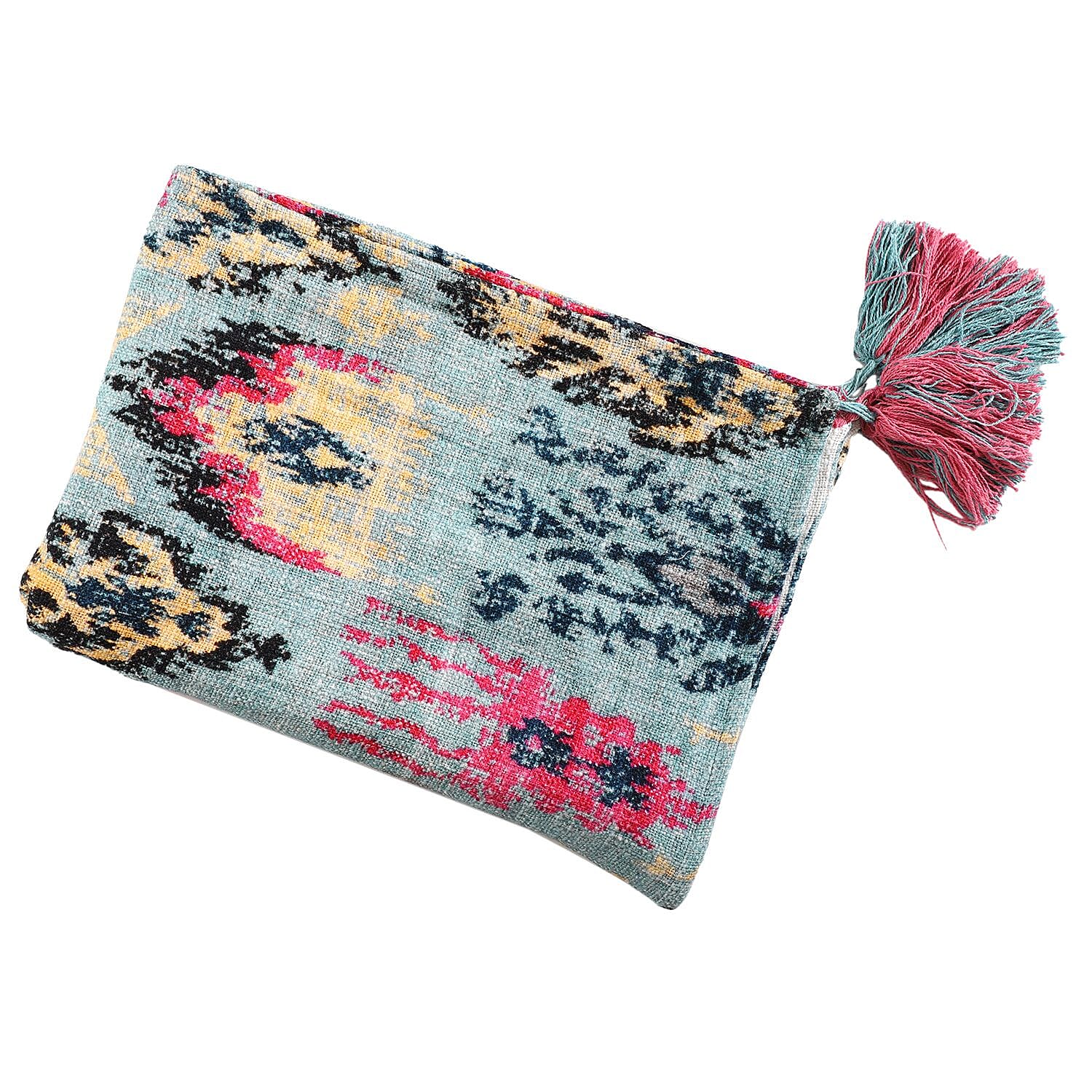 Cotton Slub Digital Printed Throw Blanket with Tassels (Size 180x130 cm) - Grey