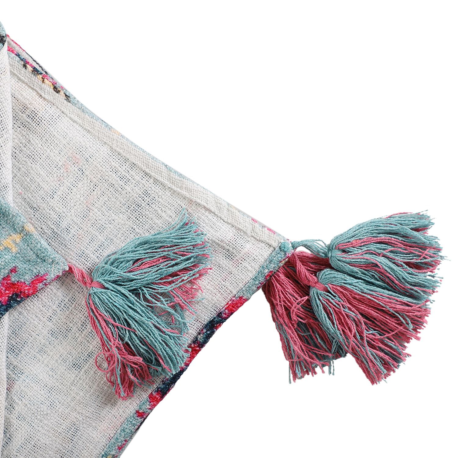 Cotton Slub Digital Printed Throw Blanket with Tassels (Size 180x130 cm) - Grey