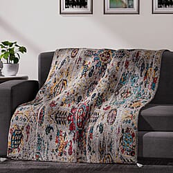 Cotton Slub Digital Printed Throw Blanket with Frill (Size 180x130 Cm) - Ivory