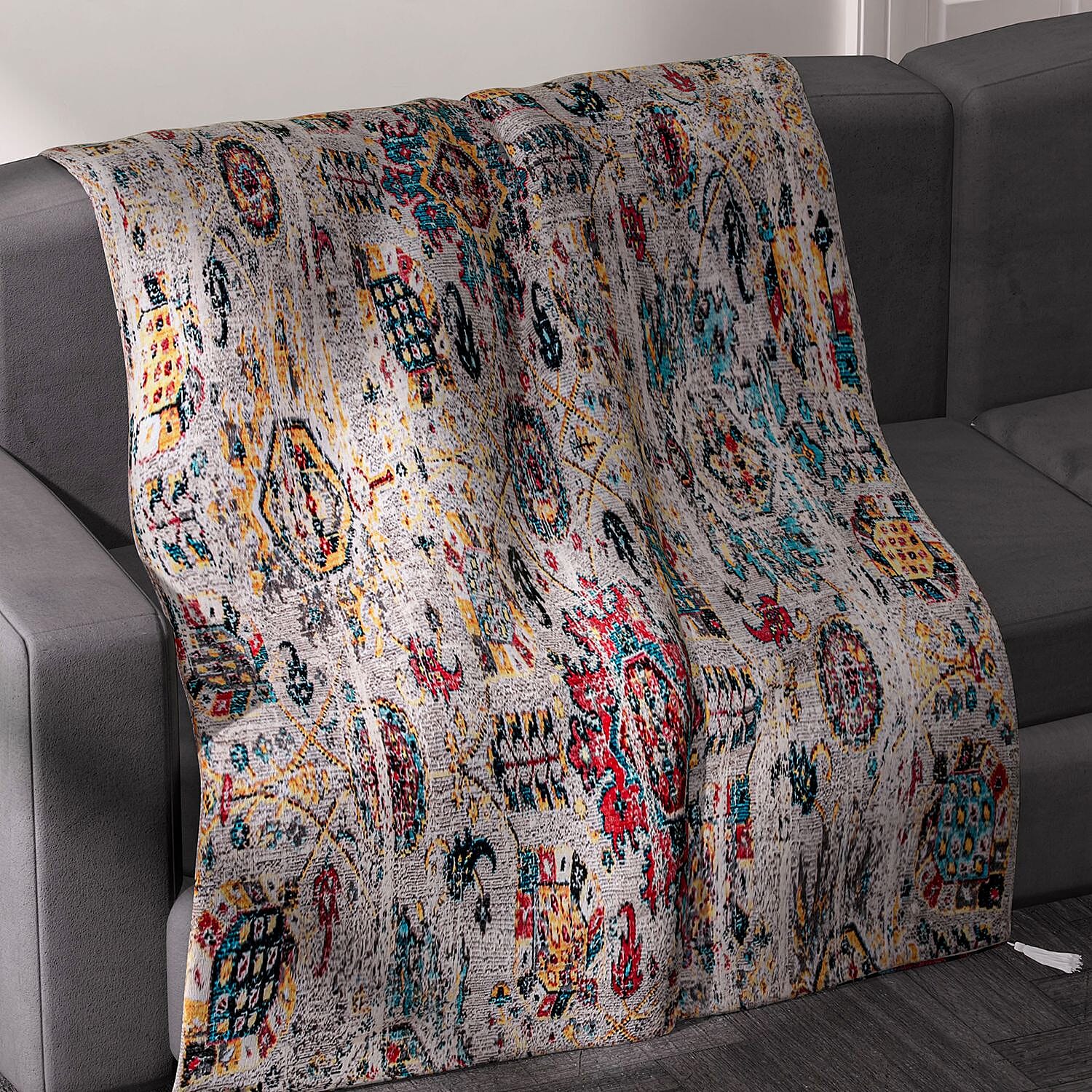 Cotton Slub Digital Printed Throw Blanket with Tassels (Size 180x130 cm) - Ivory