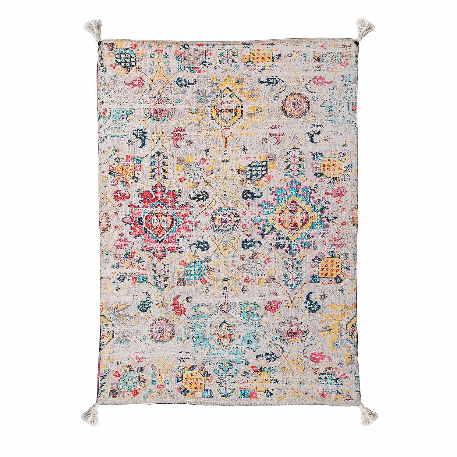 Cotton Slub Digital Printed Throw Blanket with Tassels (Size 180x130 cm) - Ivory