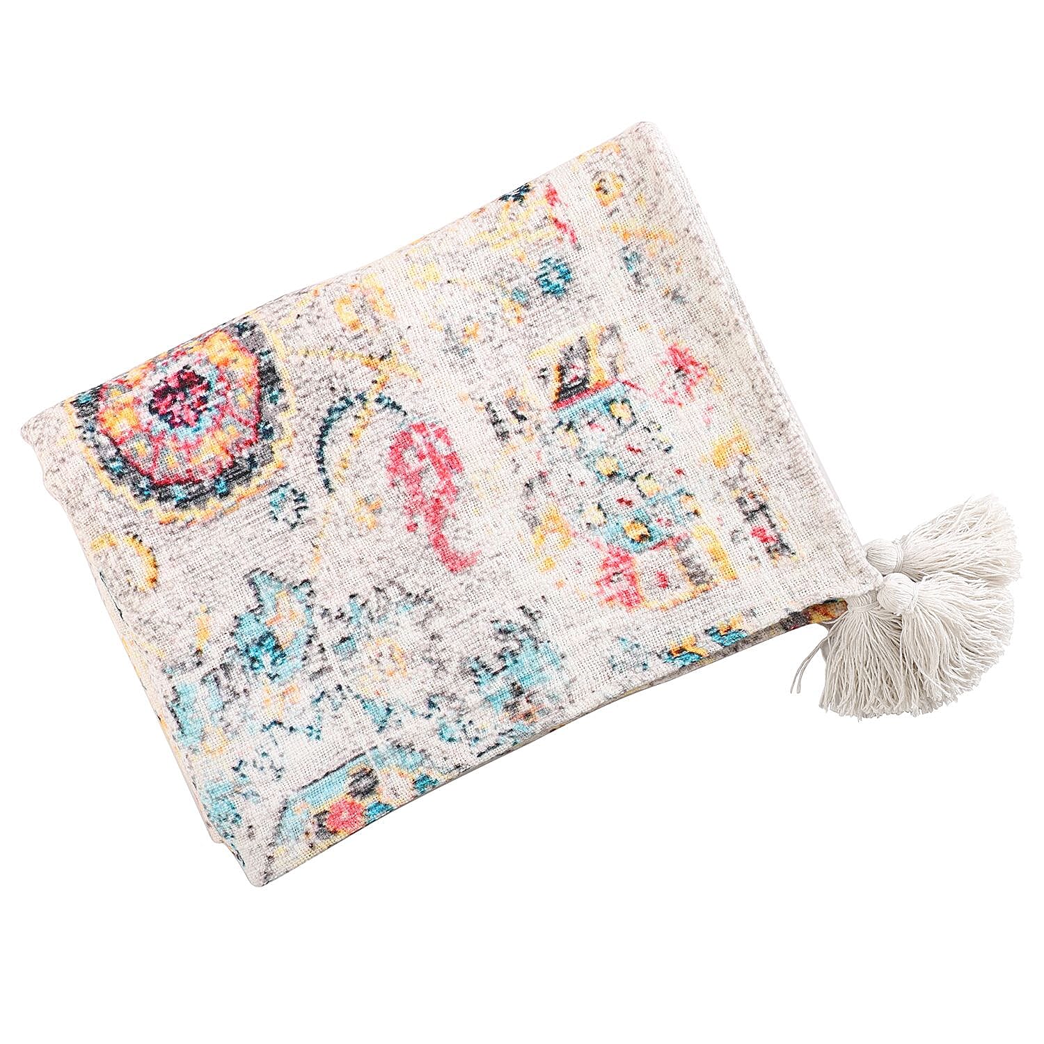 Cotton Slub Digital Printed Throw Blanket with Tassels (Size 180x130 cm) - Ivory