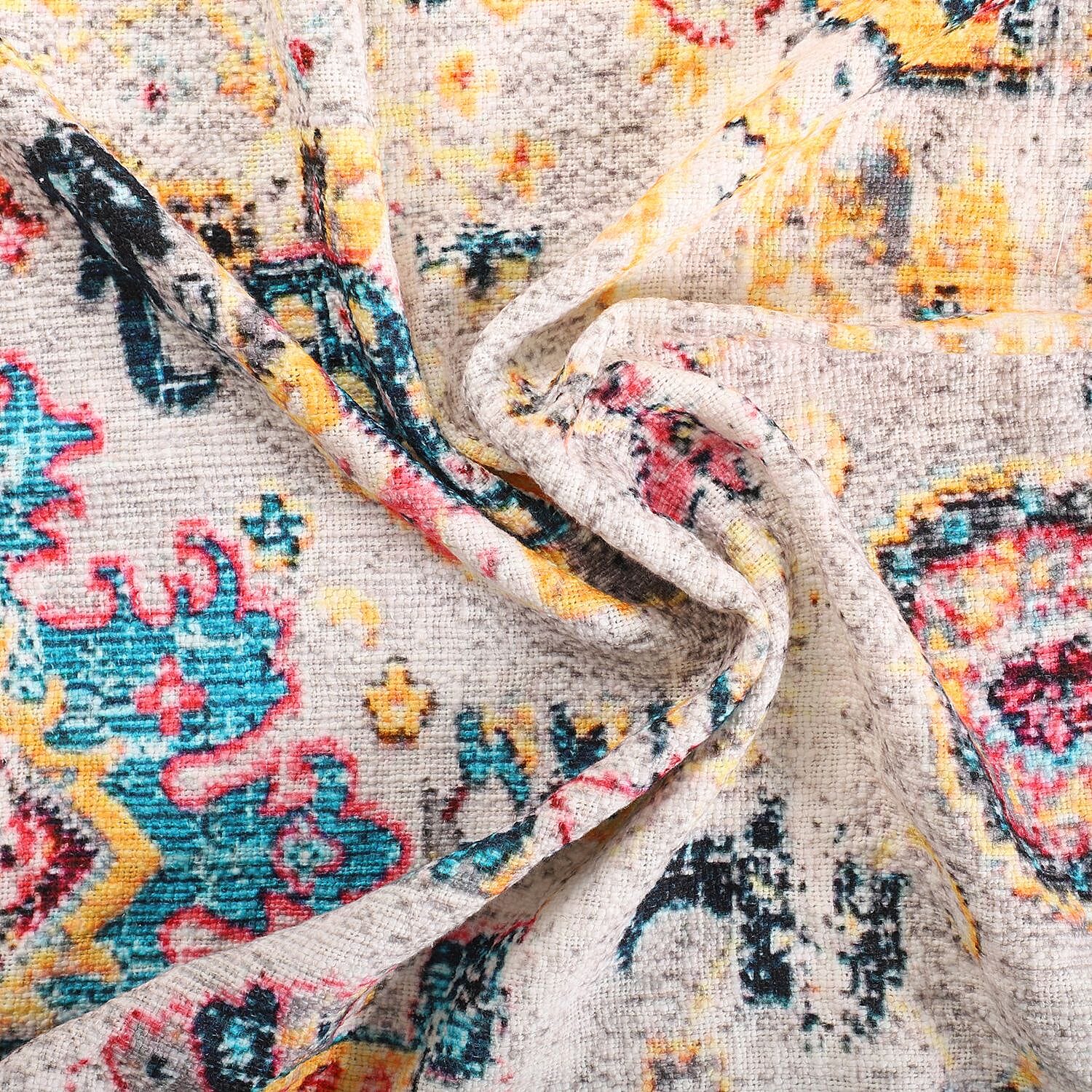 Cotton Slub Digital Printed Throw Blanket with Tassels (Size 180x130 cm) - Ivory