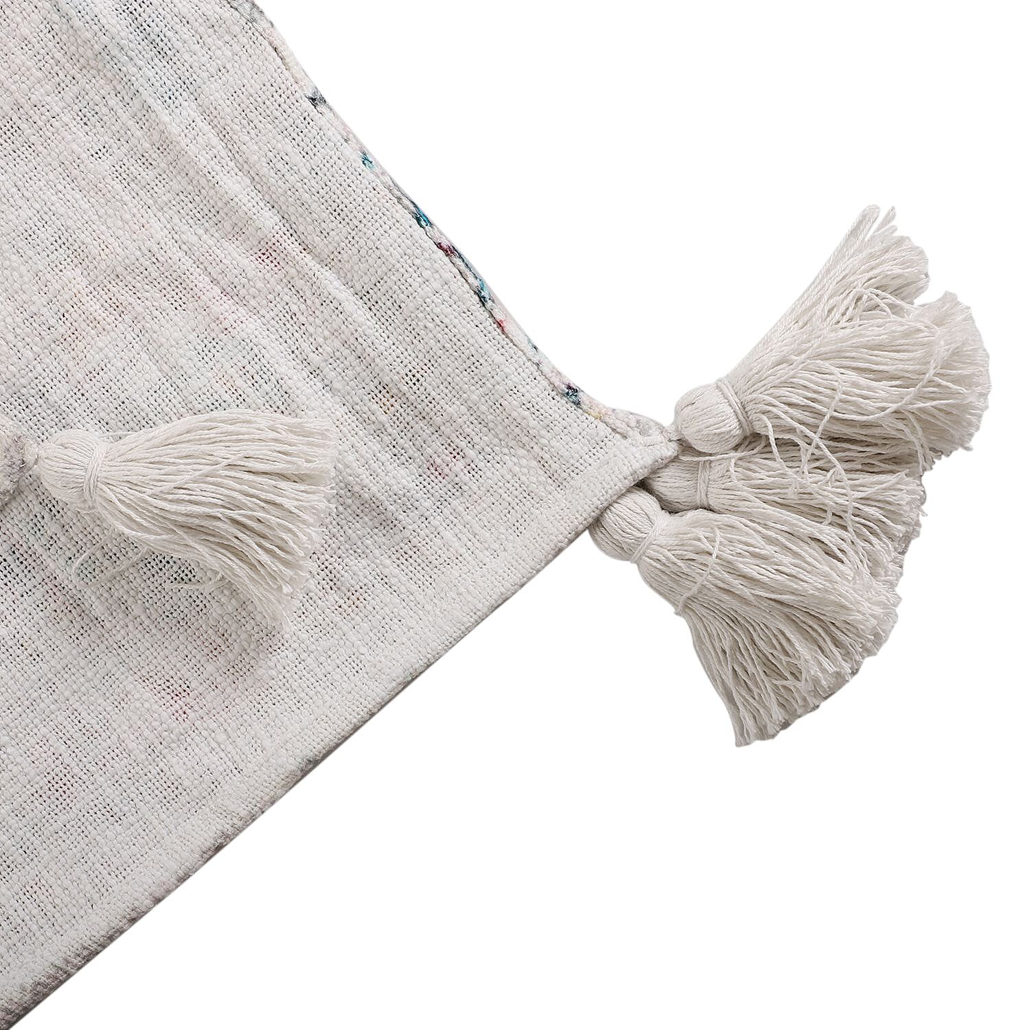 Cotton Slub Digital Printed Throw Blanket with Tassels (Size 180x130 cm) - Ivory