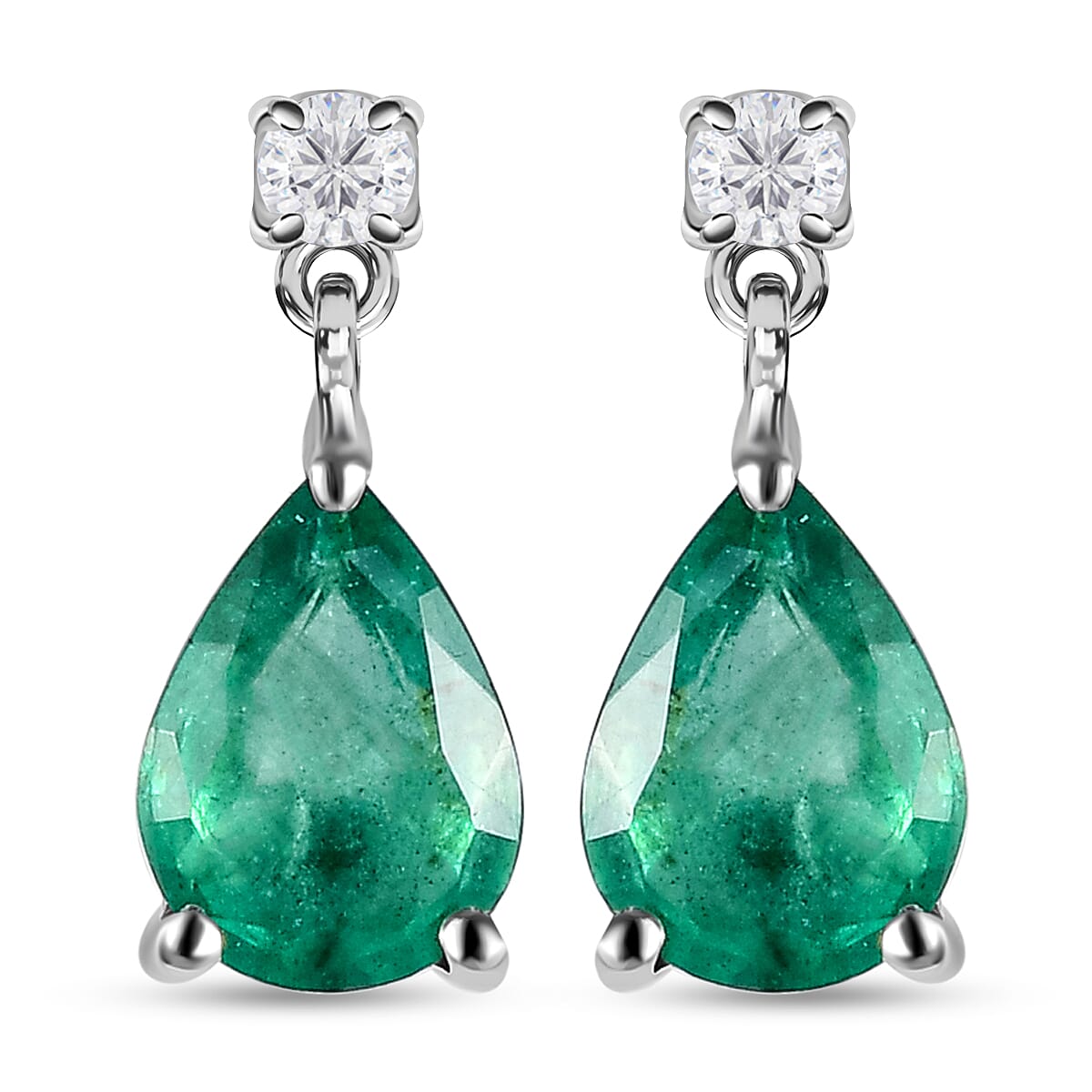 9K White Gold AA Zambian Emerald and Diamond Dangling Earrings(With Push Back) 1.226 CT