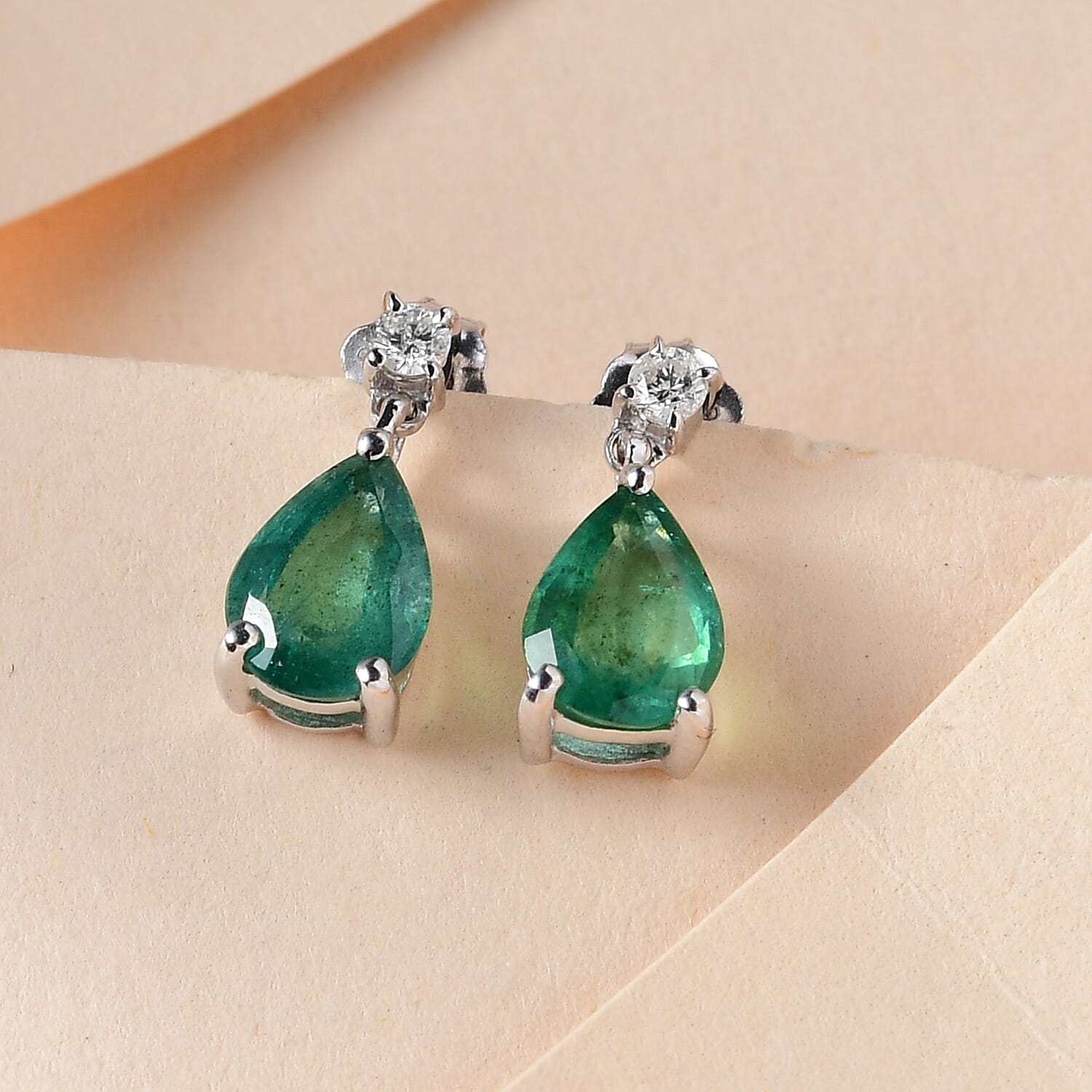 9K White Gold AA Zambian Emerald and Diamond Dangling Earrings(With Push Back) 1.226 CT
