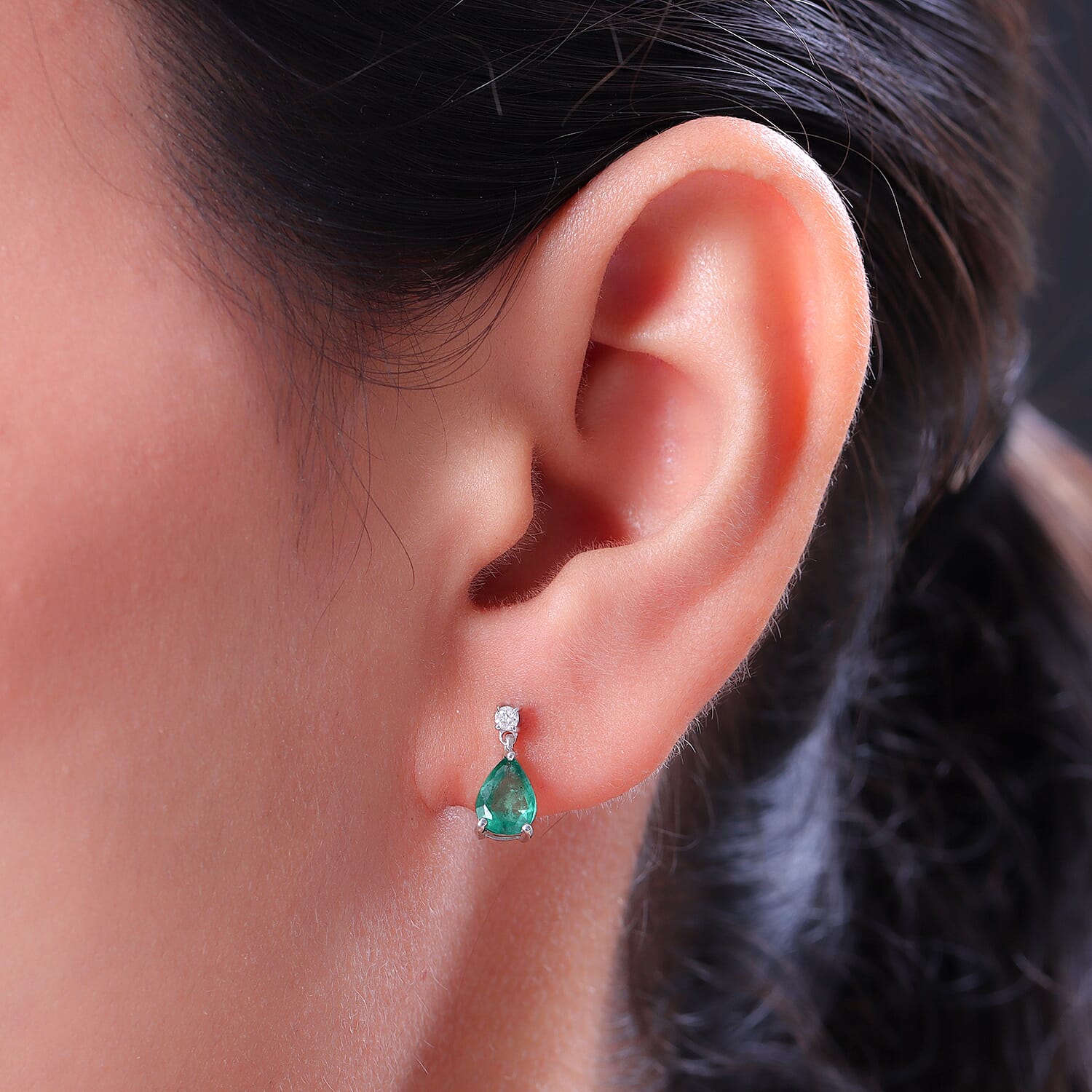 9K White Gold AA Zambian Emerald and Diamond Dangling Earrings(With Push Back) 1.226 CT