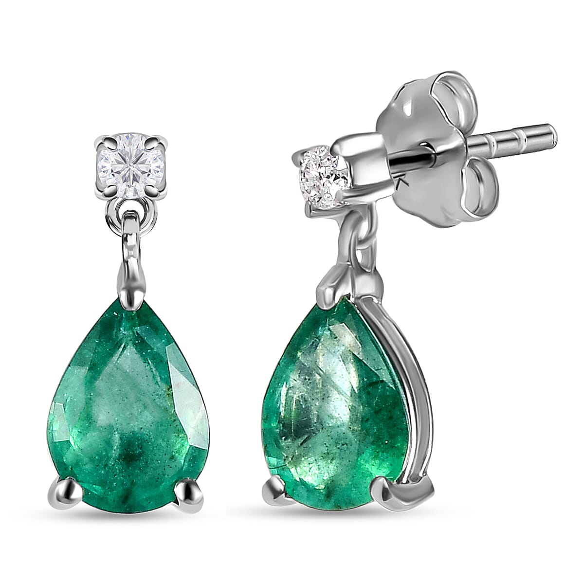 9K White Gold AA Zambian Emerald and Diamond Dangling Earrings(With Push Back) 1.226 CT