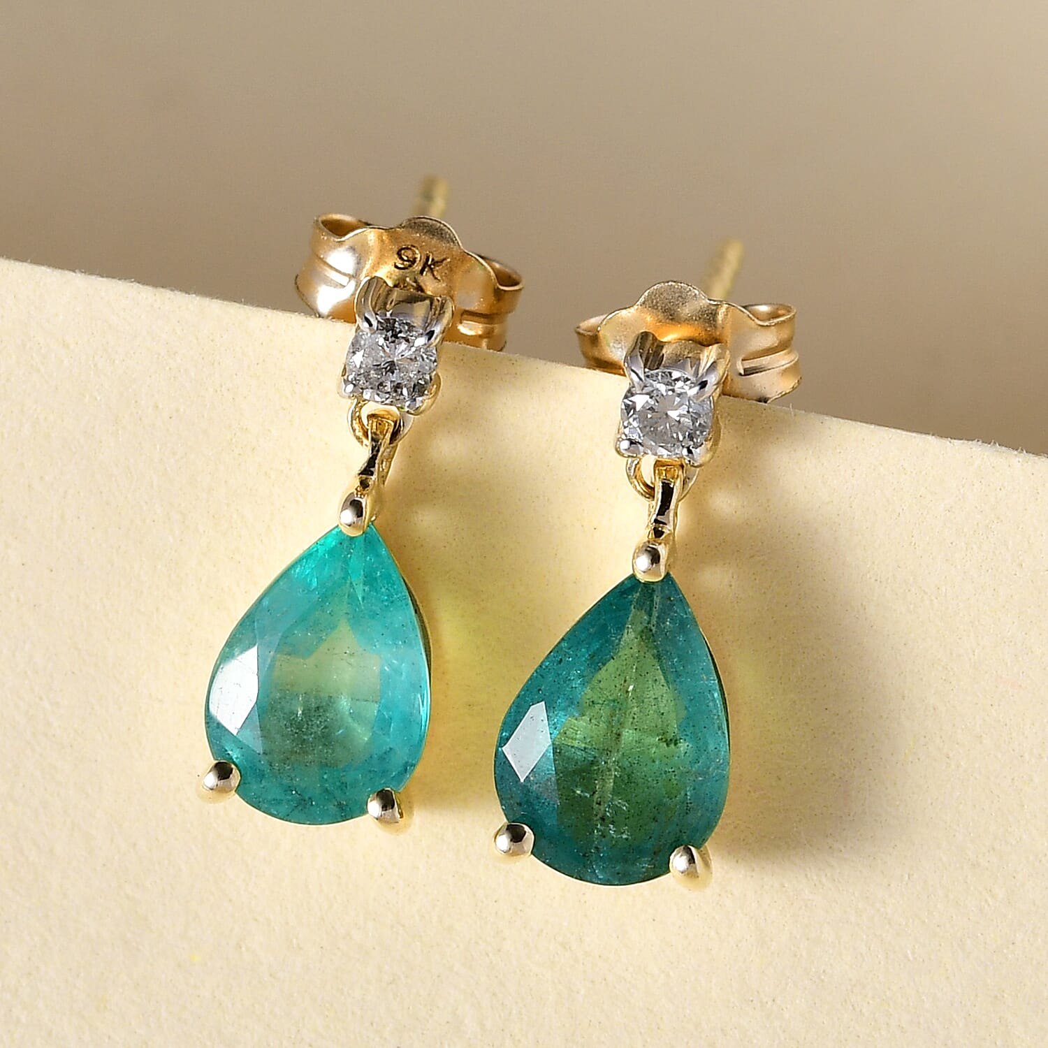 9K Yellow Gold AA  Zambian Emerald ,White Diamond  Dangling Earring With Push Back)