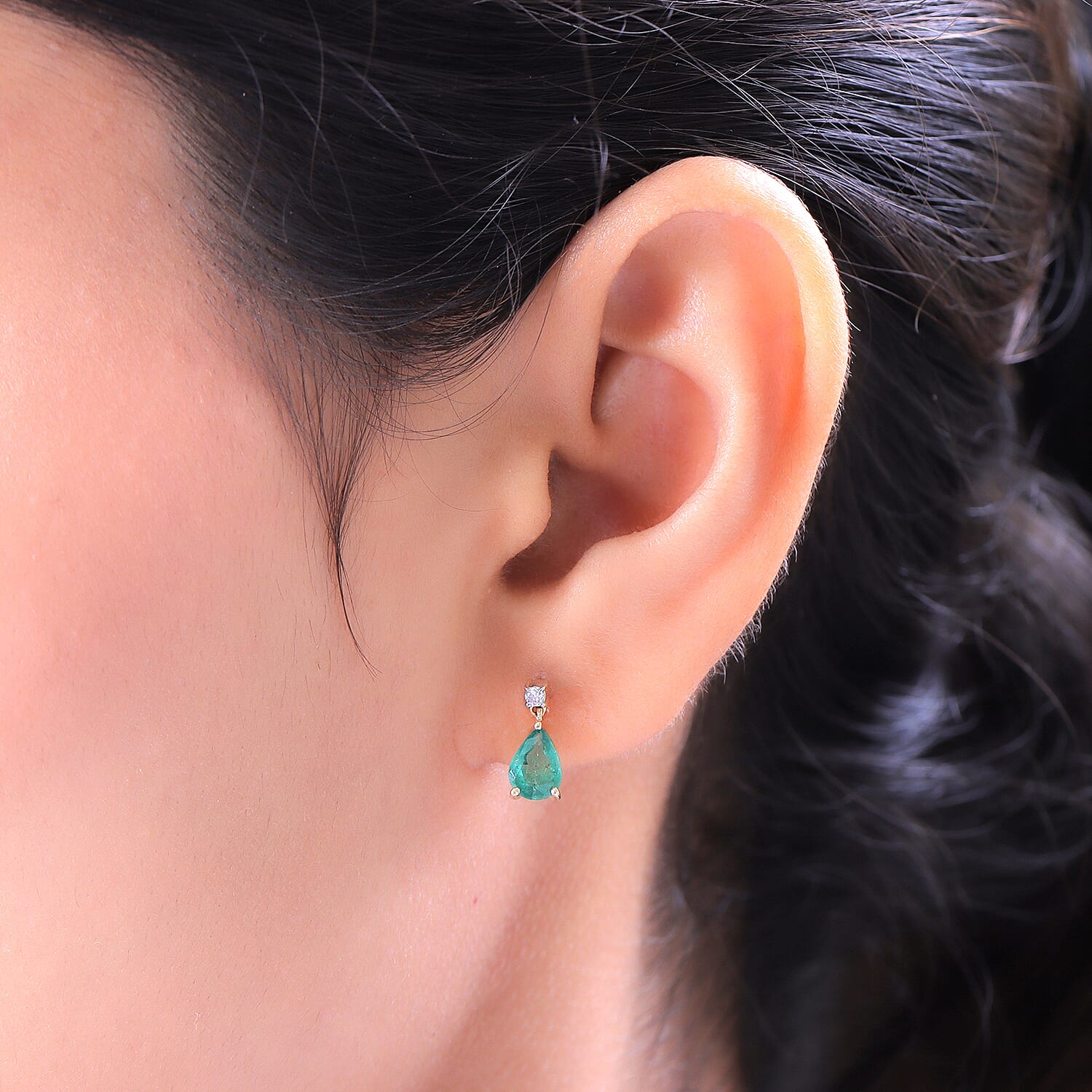 9K Yellow Gold AA  Zambian Emerald ,White Diamond  Dangling Earring With Push Back)