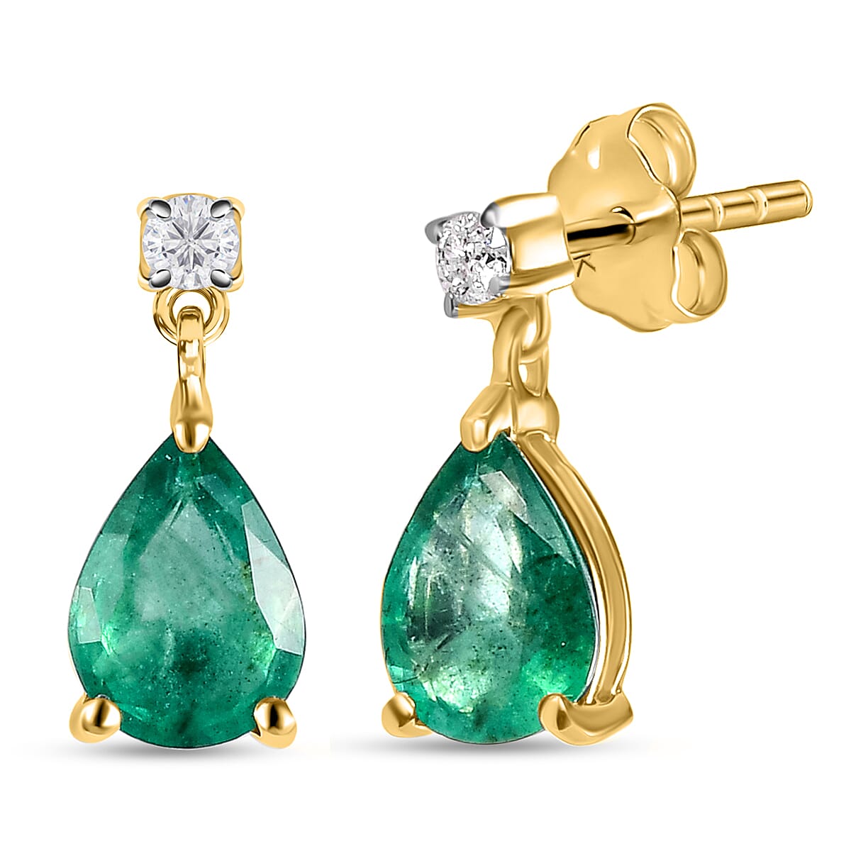9K Yellow Gold AA  Zambian Emerald ,White Diamond  Dangling Earring With Push Back)