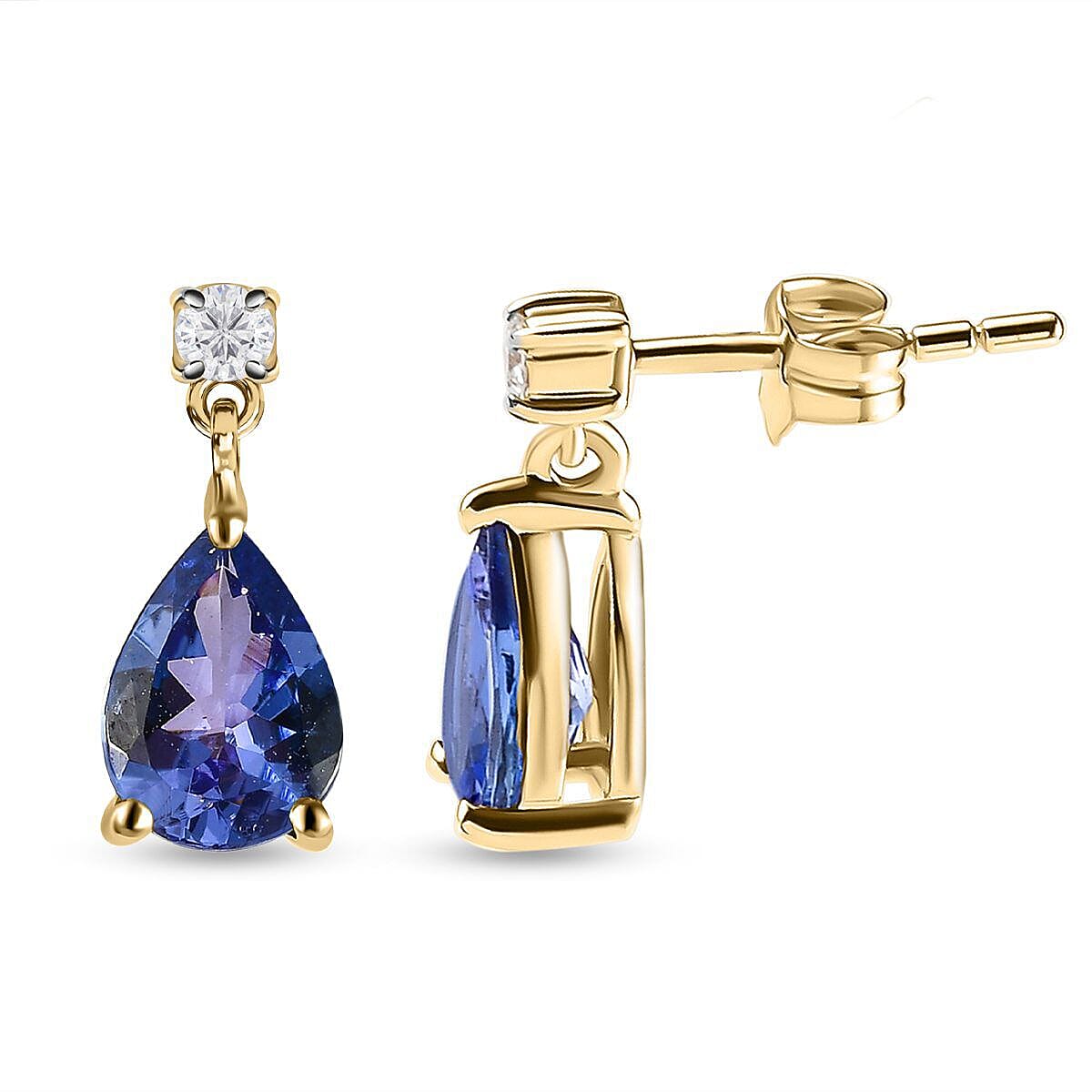 9K Yellow Gold Tanzanite and White Diamond (I4-GH) Dangle Earrings 1.29 Ct.