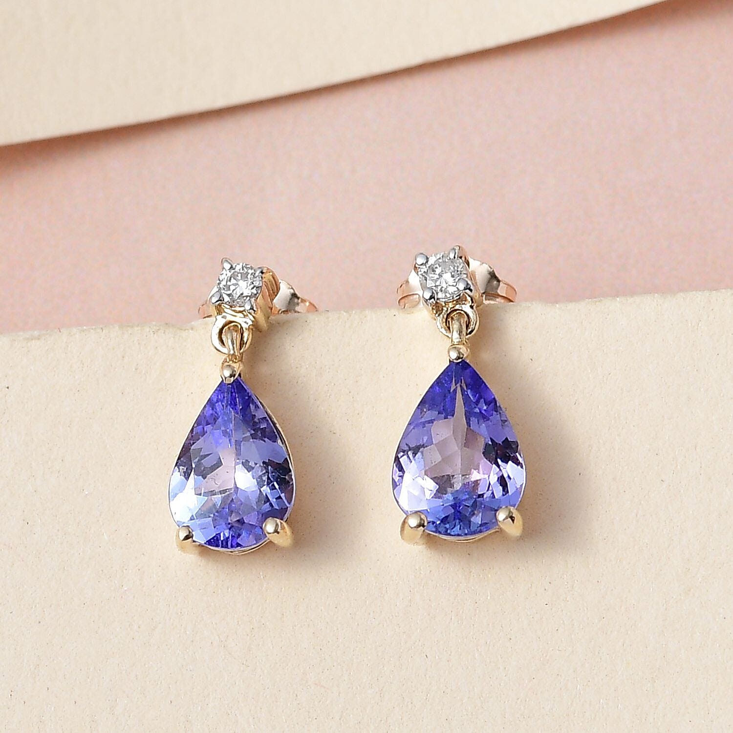 9K Yellow Gold Tanzanite and White Diamond (I4-GH) Dangle Earrings 1.29 Ct.