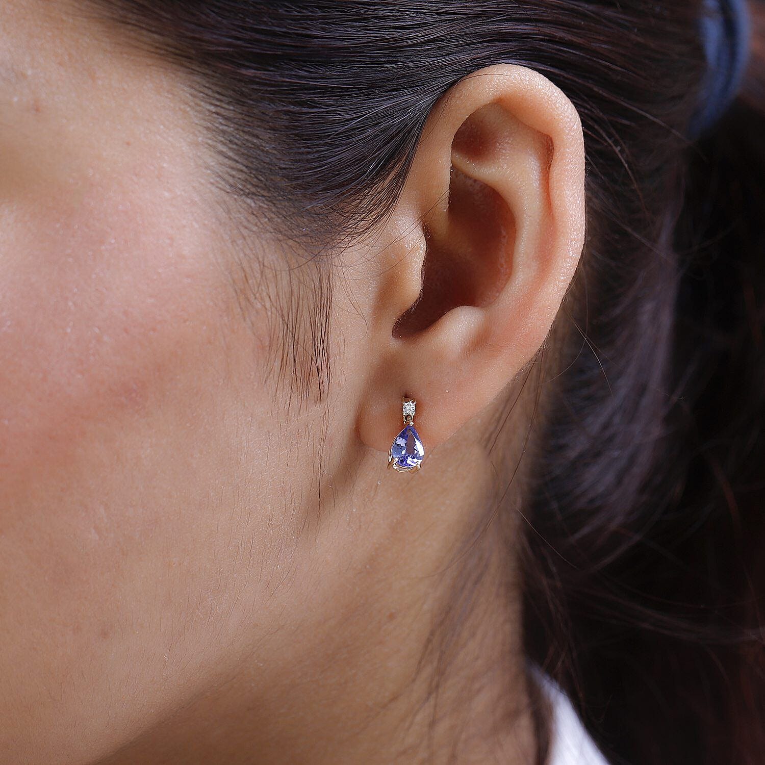 9K Yellow Gold Tanzanite and White Diamond (I4-GH) Dangle Earrings 1.29 Ct.