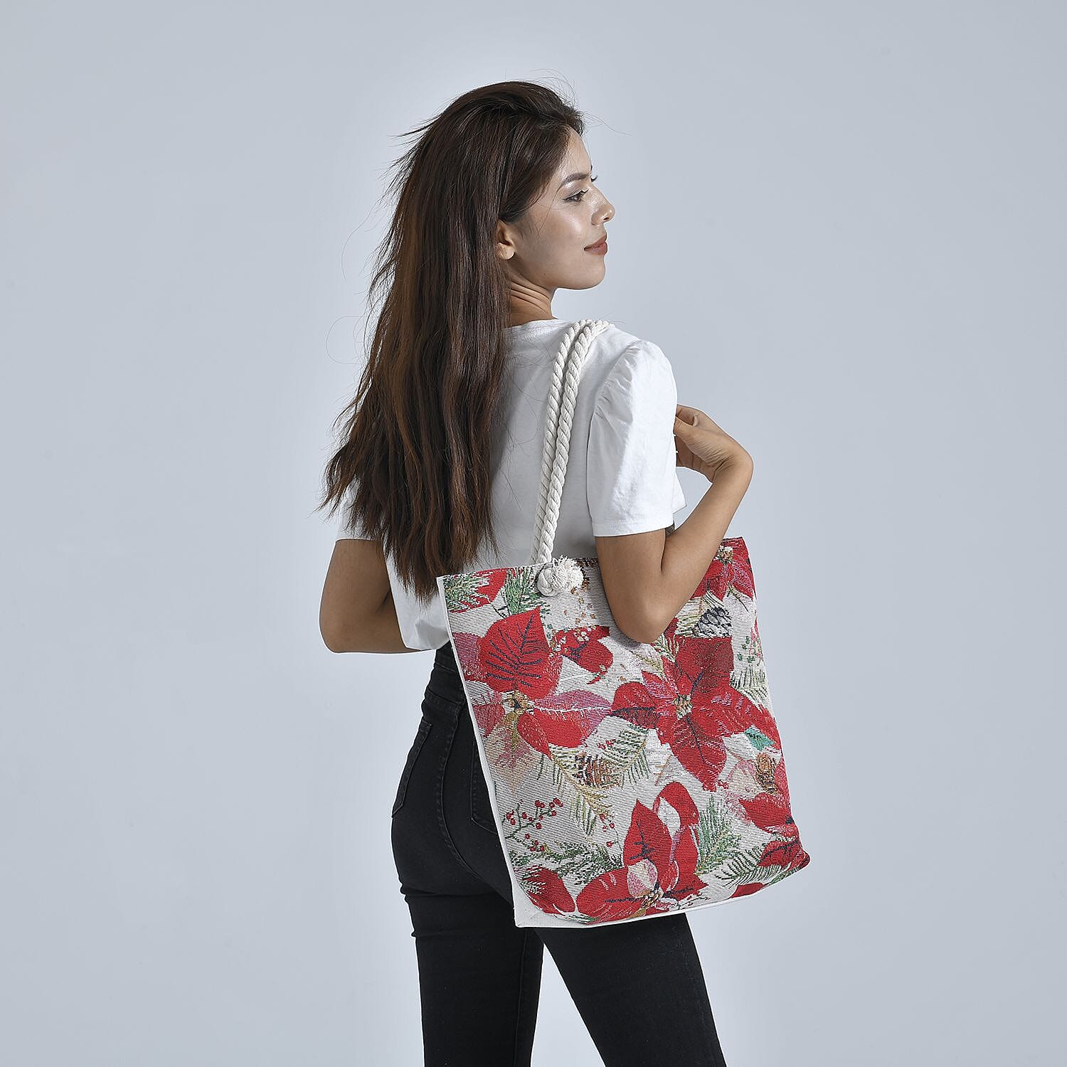 Floral Pattern Tote Bag (Size 45x36x30x9 Cm) - White