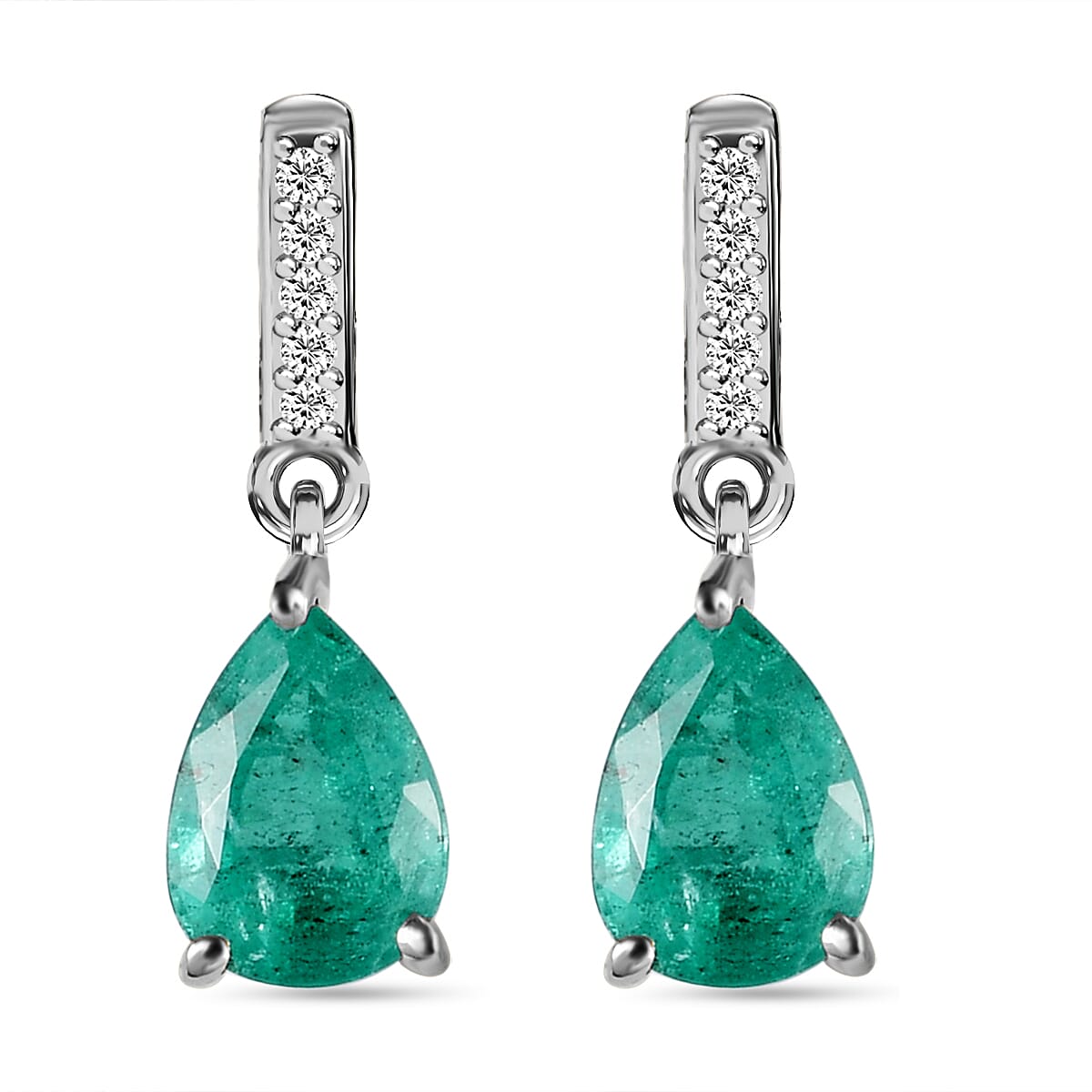 9K White Gold  AAA   Zambian Emerald ,  White Diamond  I3 Solitaire Stud Push Post Earring 1.21 ct,  Gold Wt. 1.02 Gms