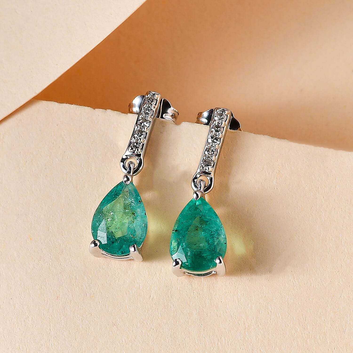 9K White Gold  AAA   Zambian Emerald ,  White Diamond  I3 Solitaire Stud Push Post Earring 1.21 ct,  Gold Wt. 1.02 Gms