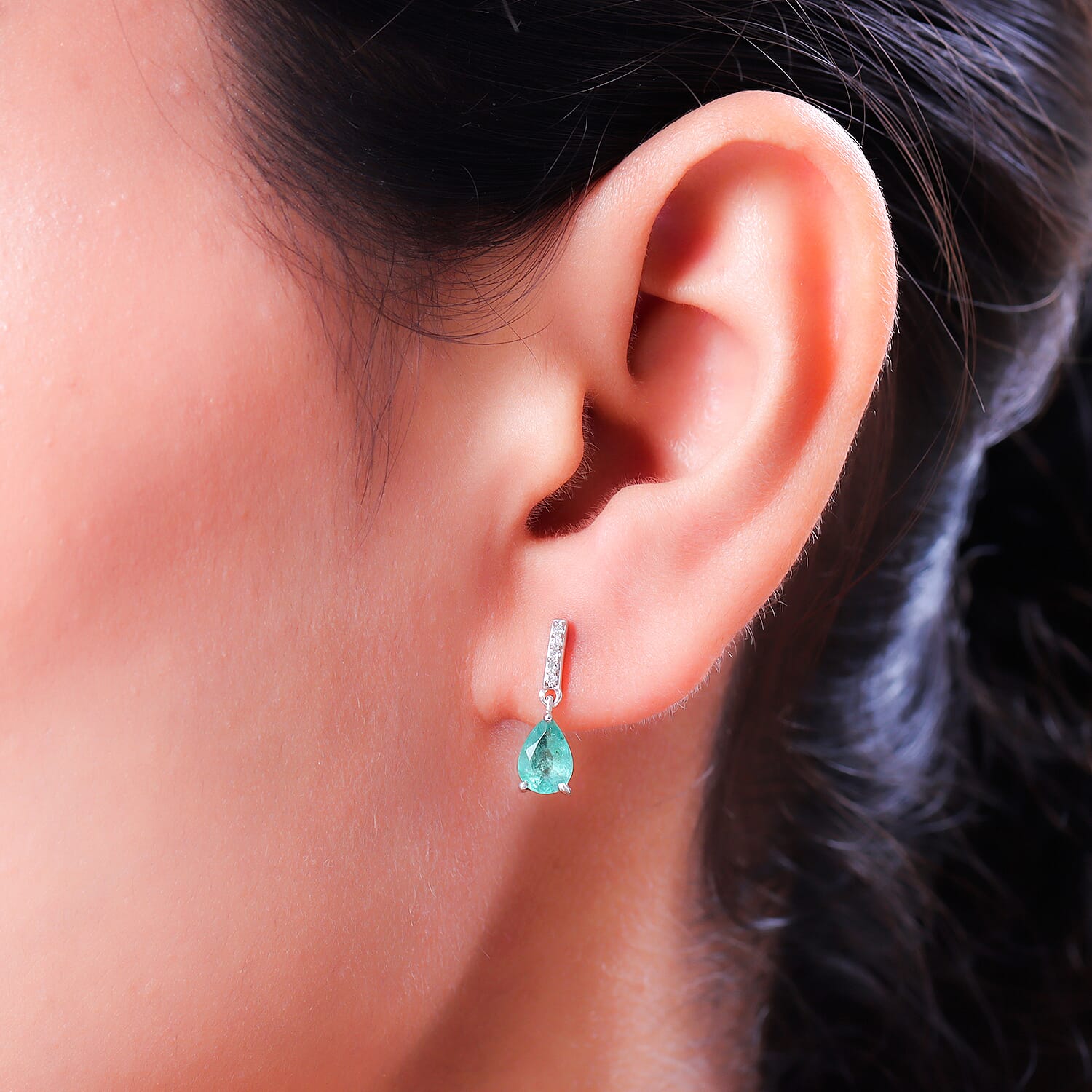 9K White Gold  AAA   Zambian Emerald ,  White Diamond  I3 Solitaire Stud Push Post Earring 1.21 ct,  Gold Wt. 1.02 Gms