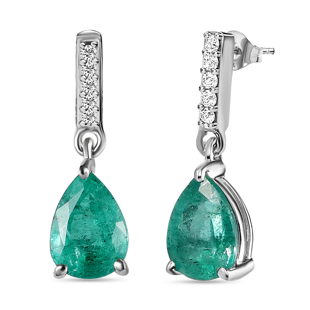 9K White Gold  AAA   Zambian Emerald ,  White Diamond  I3 Solitaire Stud Push Post Earring 1.21 ct,  Gold Wt. 1.02 Gms