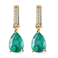 9K Yellow Gold  AA  Zambian Emerald ,White Diamond Solitaire Stud Push Post Earring (With Push Back)