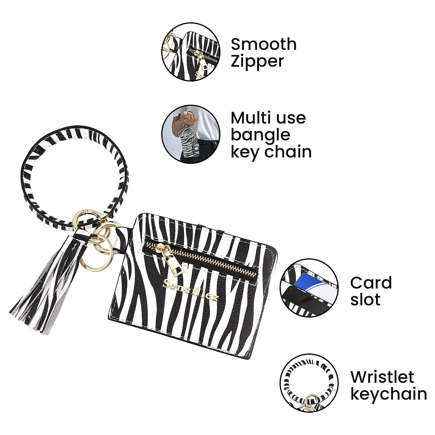 SENCILLEZ 100% Genuine Leather Zebra Pattern Bangle Key Chain with RFID Card Holder & Tassel (Size 11x9 Cm) - Black & White