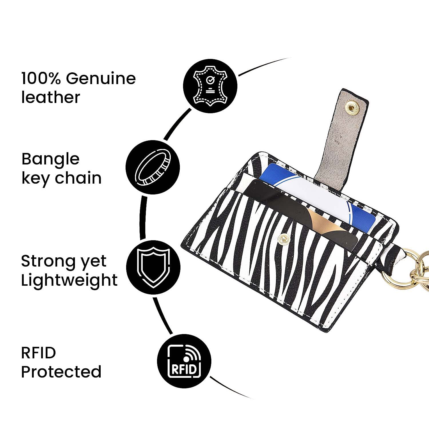 SENCILLEZ 100% Genuine Leather Zebra Pattern Bangle Key Chain with RFID Card Holder & Tassel (Size 11x9 Cm) - Black & White