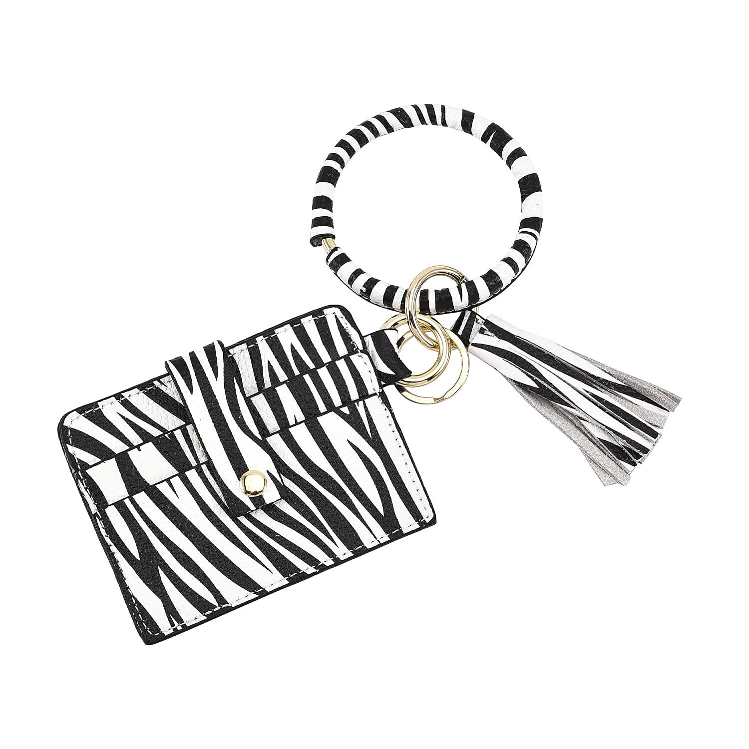 SENCILLEZ 100% Genuine Leather Zebra Pattern Bangle Key Chain with RFID Card Holder & Tassel (Size 11x9 Cm) - Black & White
