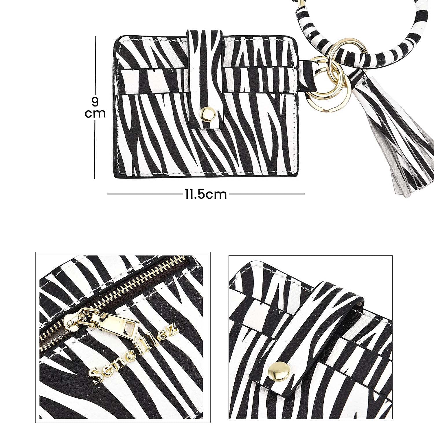 SENCILLEZ 100% Genuine Leather Zebra Pattern Bangle Key Chain with RFID Card Holder & Tassel (Size 11x9 Cm) - Black & White