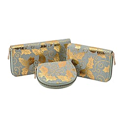 Set of 3 - Golden Leaves Pattern RFID Protected Jute Wallet with Zipper Closure - Light Green