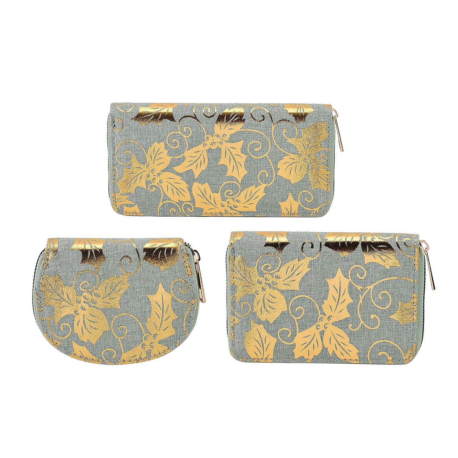 Set of 3 - Golden Leaves Pattern RFID Protected Jute Wallet with Zipper Closure - Light Green