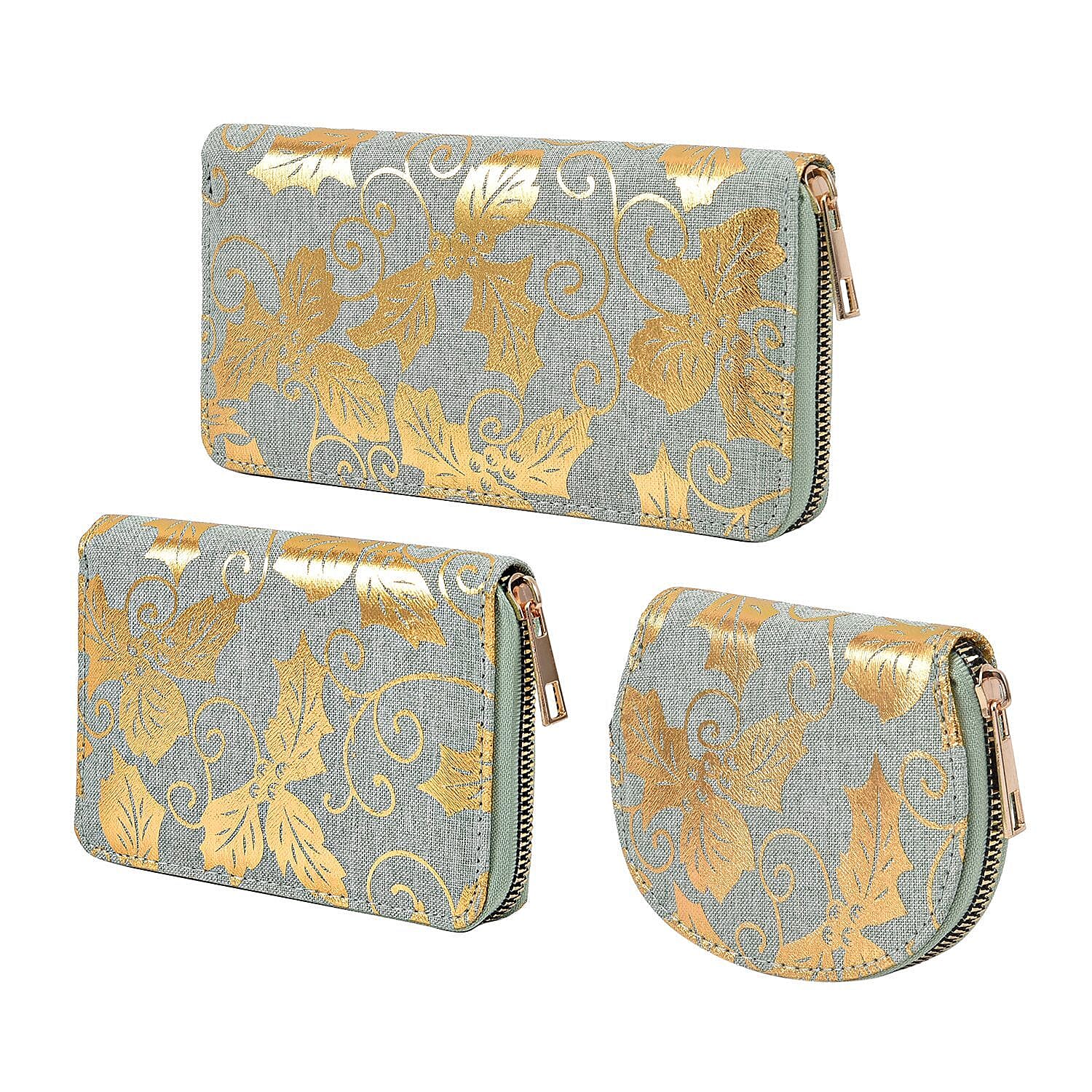 Set of 3 - Golden Leaves Pattern RFID Protected Jute Wallet with Zipper Closure - Light Green