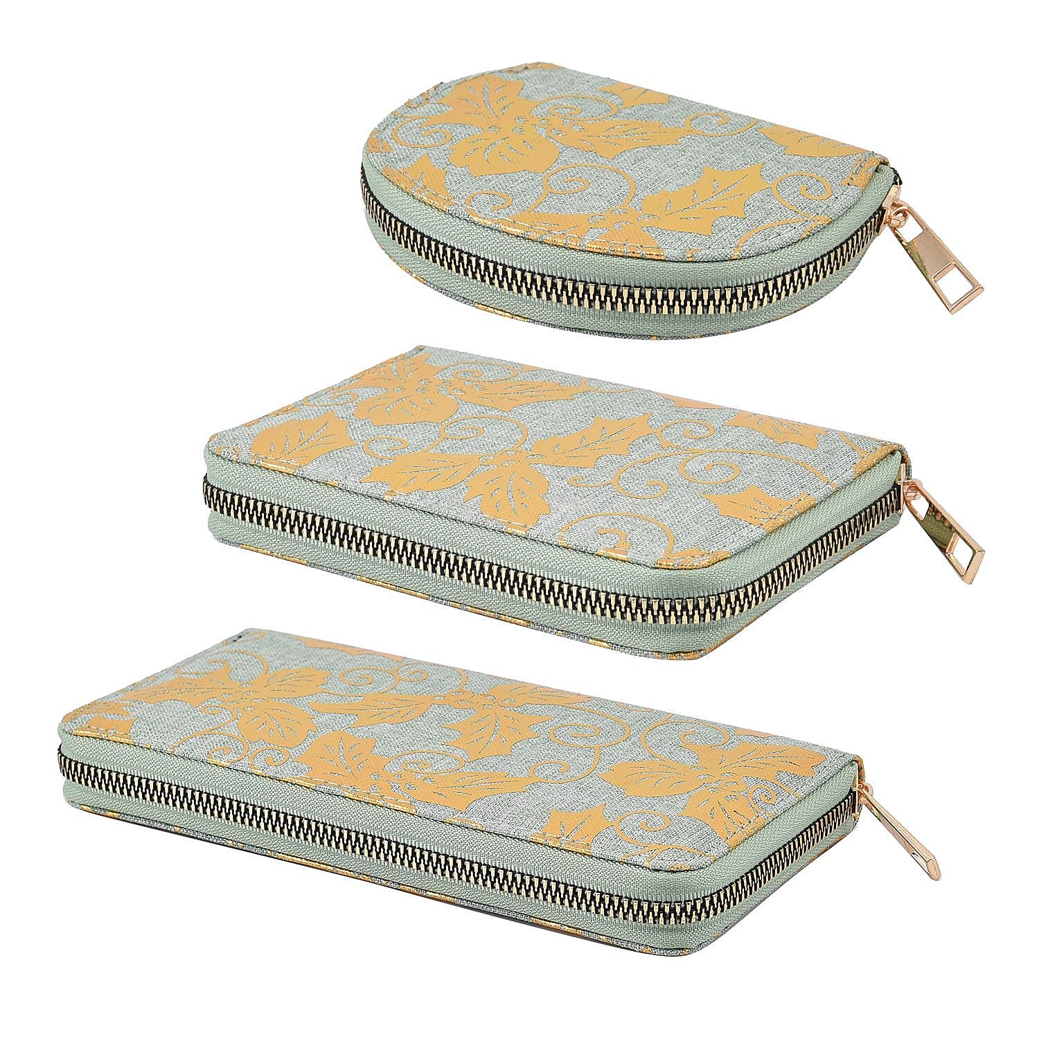 Set of 3 - Golden Leaves Pattern RFID Protected Jute Wallet with Zipper Closure - Light Green