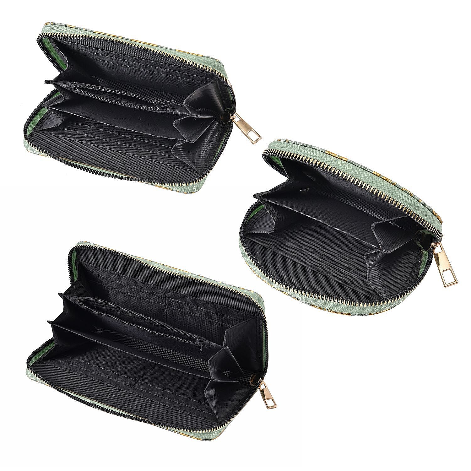 Set of 3 - Golden Leaves Pattern RFID Protected Jute Wallet with Zipper Closure - Light Green