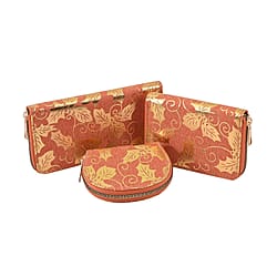 Set of 3 - Golden Leaves Pattern RFID Protected Jute Wallet with Zipper Closure (Size 19x10x2Cm, 14x9x2Cm, 12x9x2Cm) - Light Blue