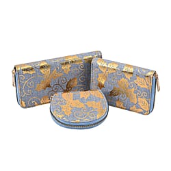 Set of 3 - Golden Leaves Pattern RFID Protected Jute Wallet with Zipper Closure (Size 19x10x2Cm, 14x9x2Cm, 12x9x2Cm) - Light Blue