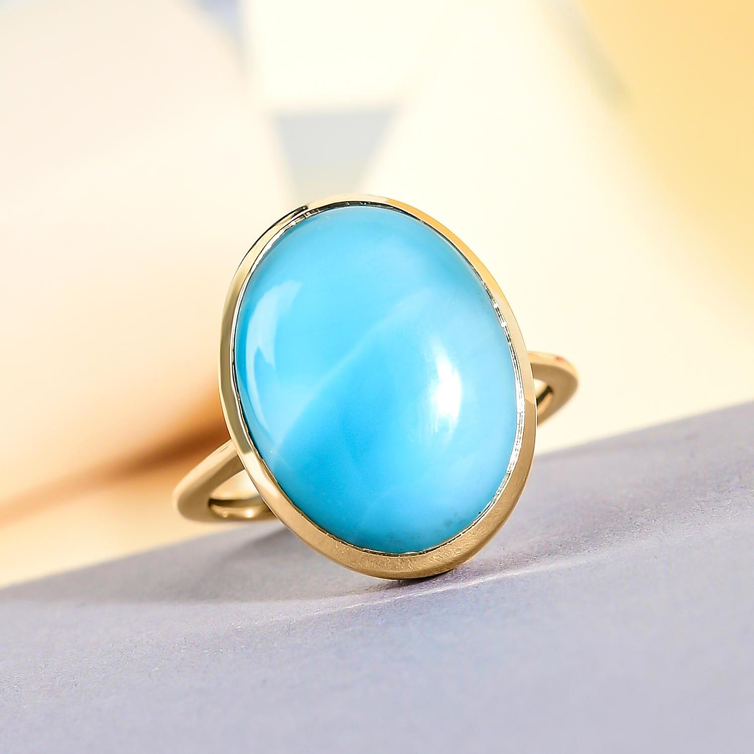 9K Yellow Gold Larimar Solitaire Ring 10.00 Ct