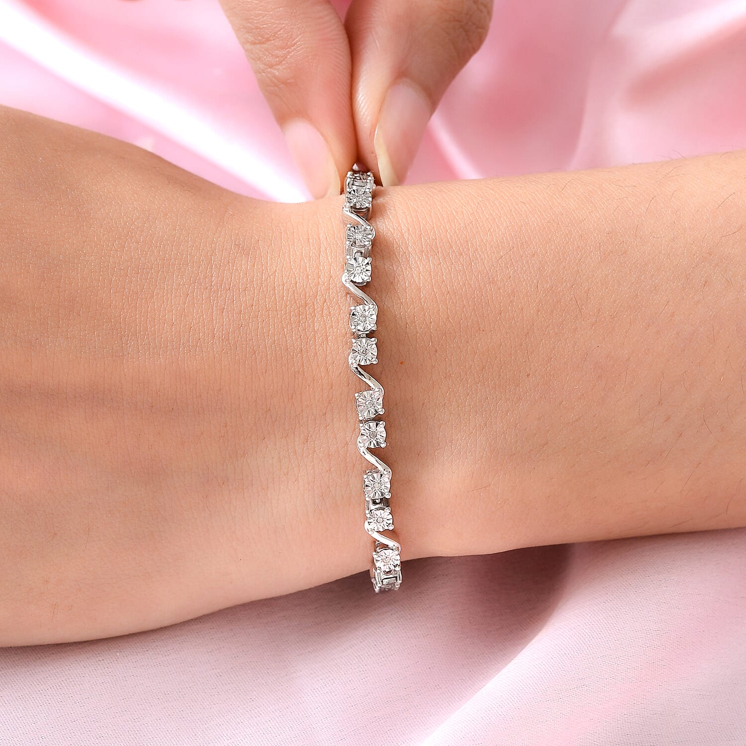 Natural Diamond Bracelet (Size - 7.5) in Platinum Overlay Sterling Silver