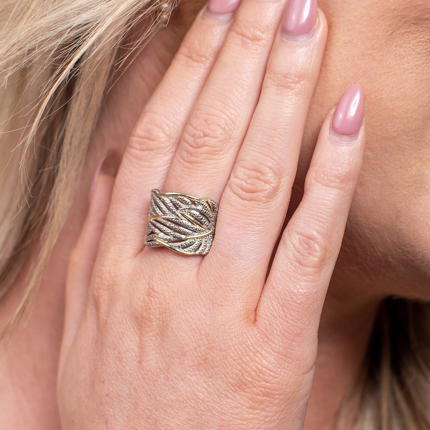 Diamond Ring in Platinum Overlay and 18K Vermeil Yellow Gold Plated Sterling Silver