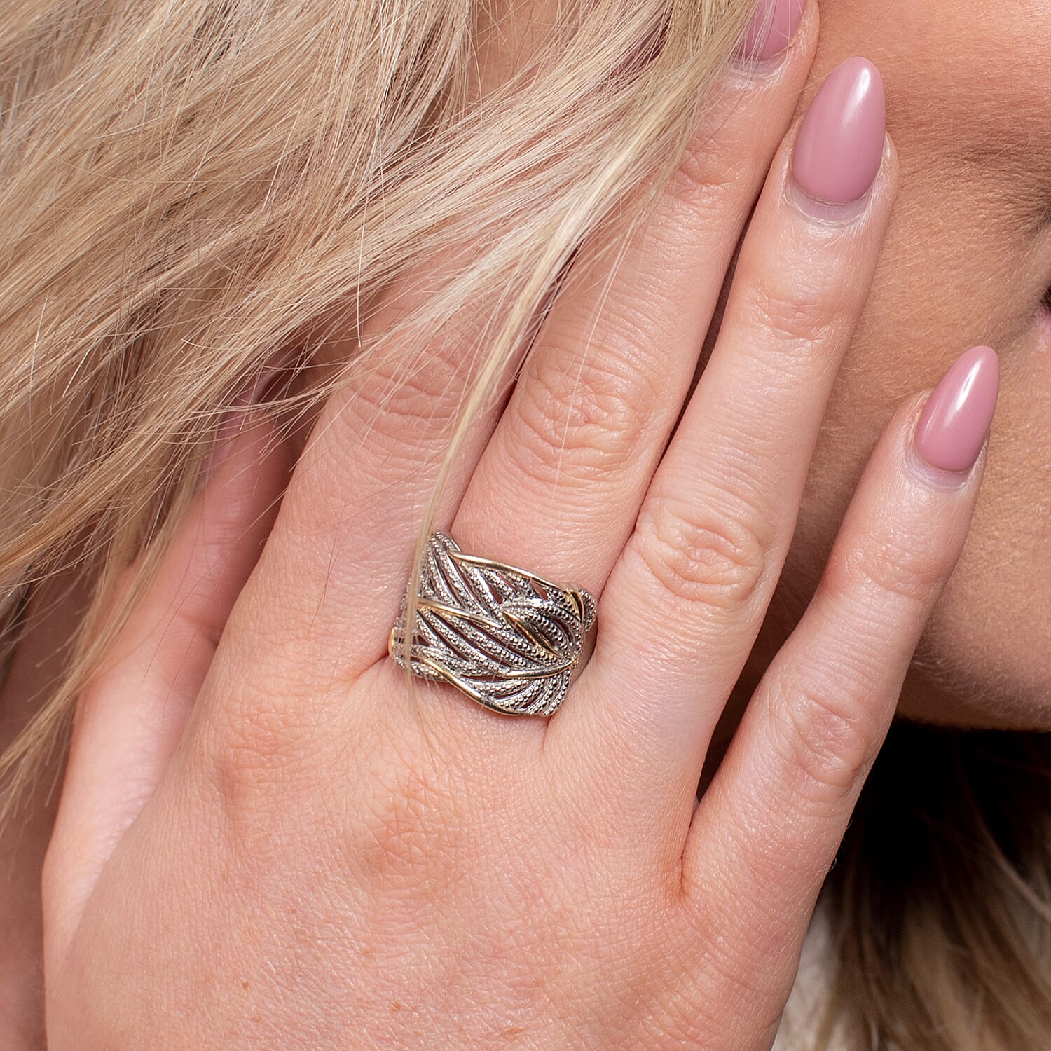 Diamond Ring in Platinum Overlay and 18K Vermeil Yellow Gold Plated Sterling Silver