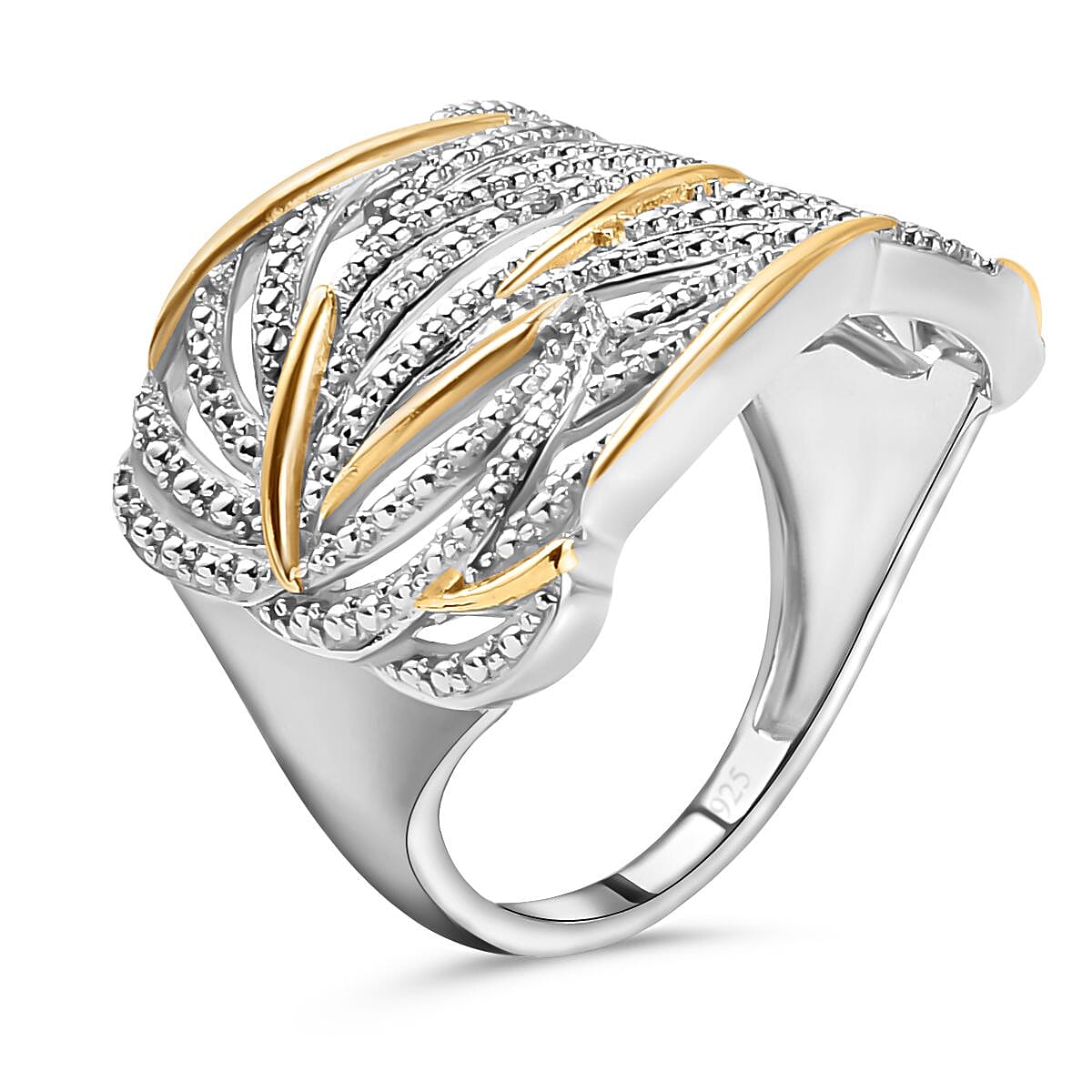 Diamond Criss-Cross Ring in Platinum Overlay and 18K Vermeil Yellow Gold Plated Sterling Silver
