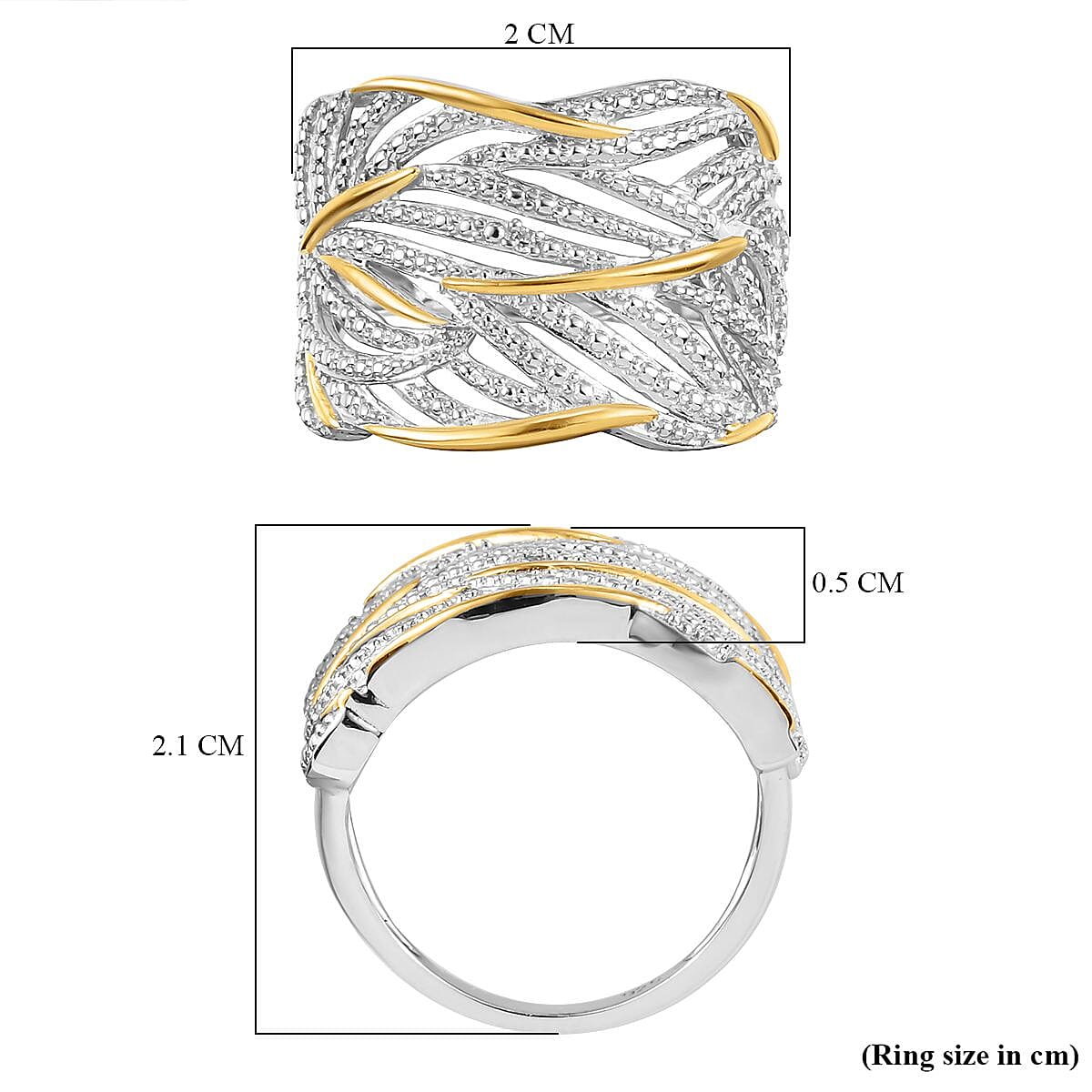 Diamond Criss-Cross Ring in Platinum Overlay and 18K Vermeil Yellow Gold Plated Sterling Silver