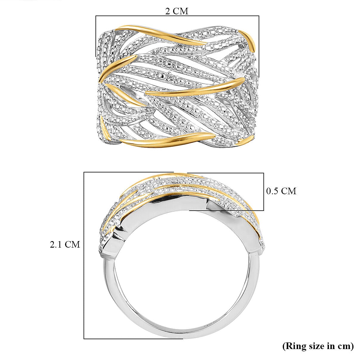 Diamond Criss-Cross Ring in Platinum Overlay and 18K Vermeil Yellow Gold Plated Sterling Silver