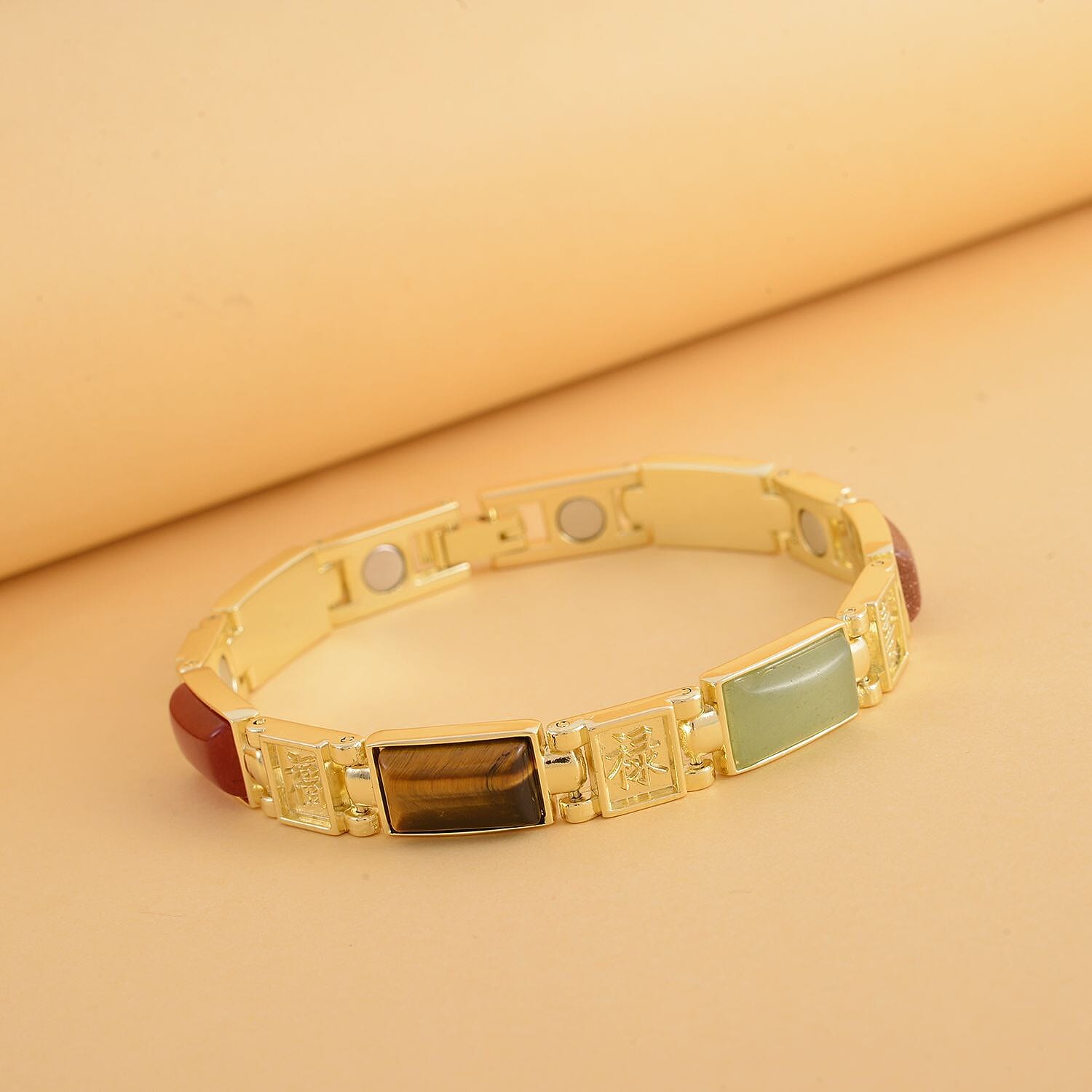 Multi Gemstone Magnetic Bracelet (Size - 7.25) in Yellow Gold Tone