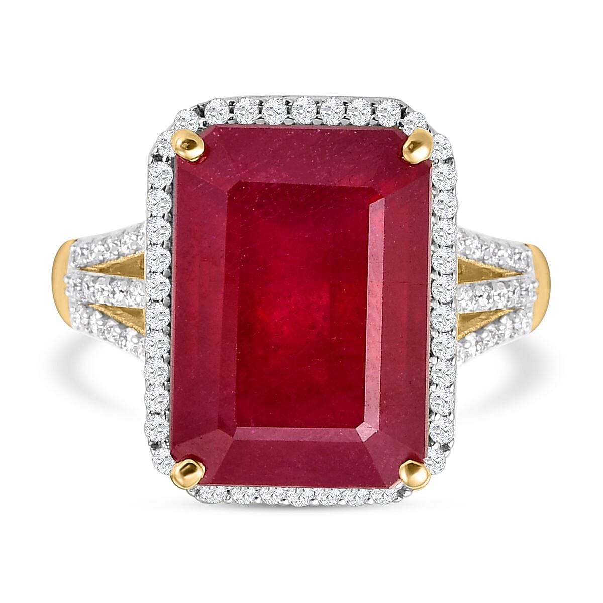 9K Yellow Gold AA African Ruby (FF) and Moissanite Halo Ring 12.11 Ct.