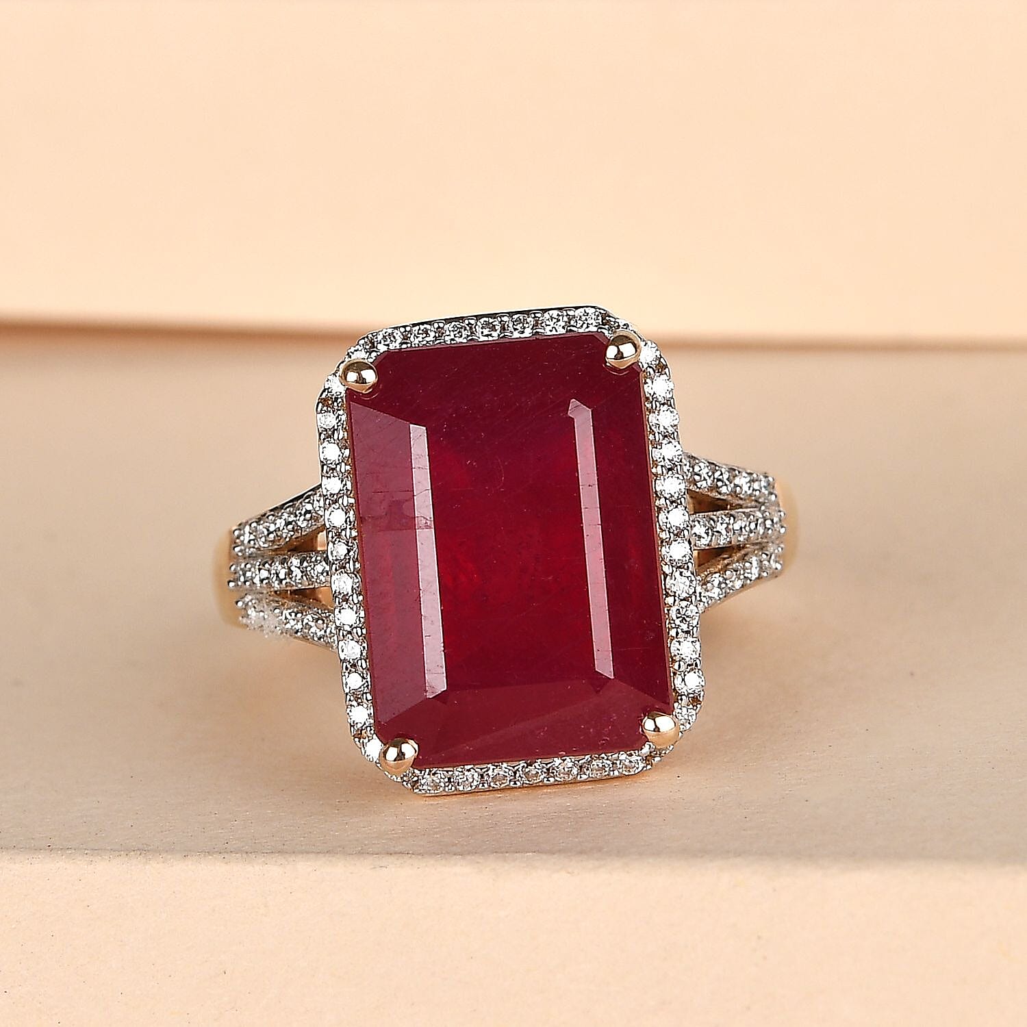 9K Yellow Gold AA African Ruby (FF) and Moissanite Halo Ring 12.11 Ct.